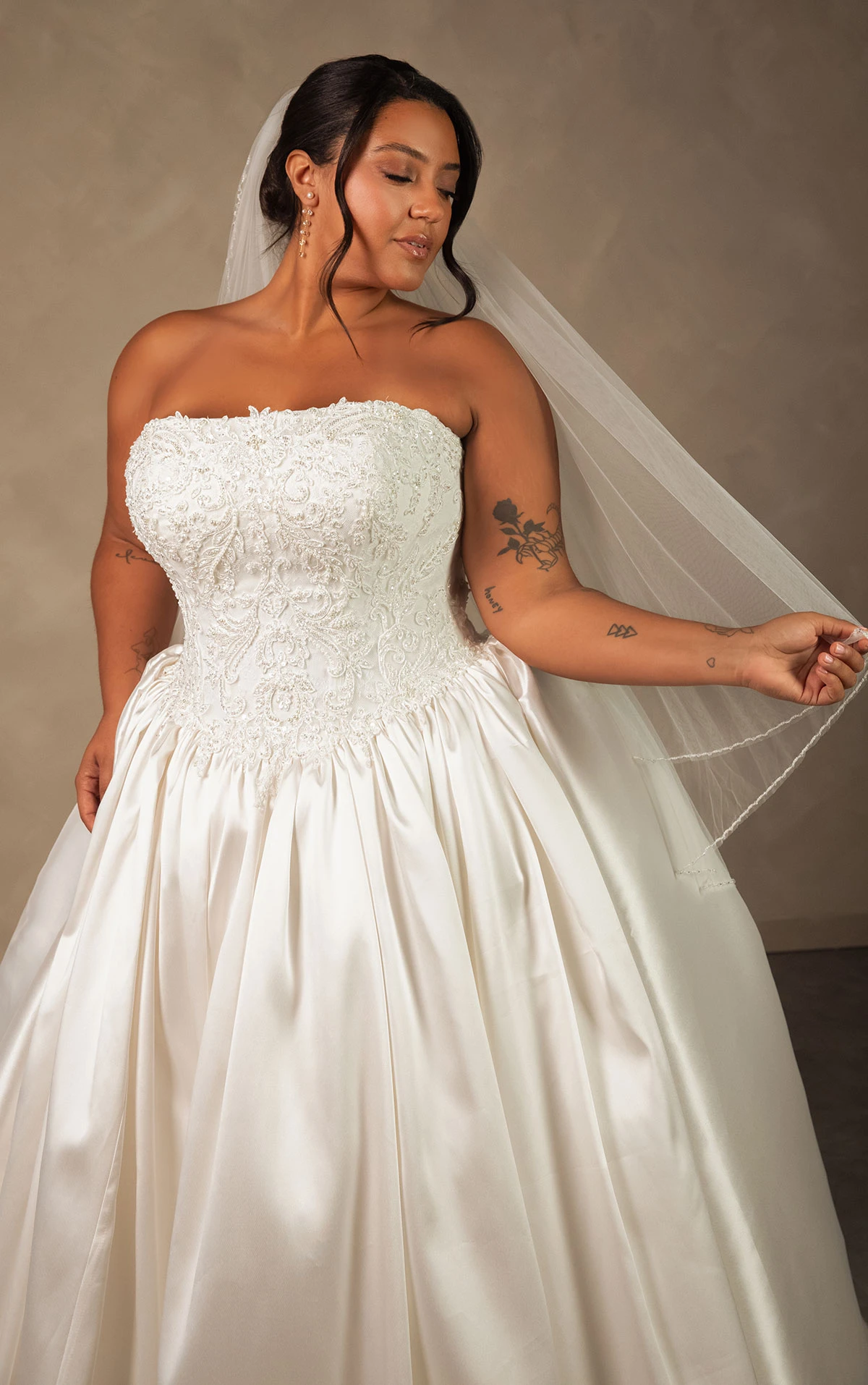 d4546+ Plus Size Couture Lace and Mikado Ballgown with Crystal-Beaded Bodice  by Essense of Australia