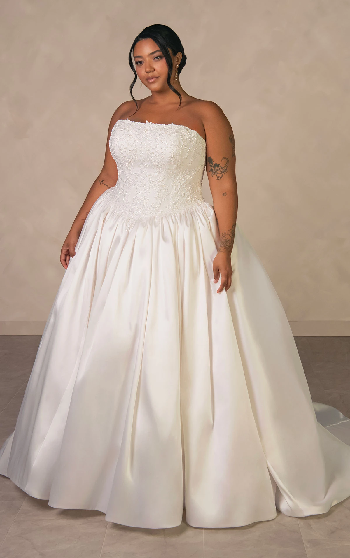 d4546+ Plus Size Couture Lace and Mikado Ballgown with Crystal-Beaded Bodice  by Essense of Australia