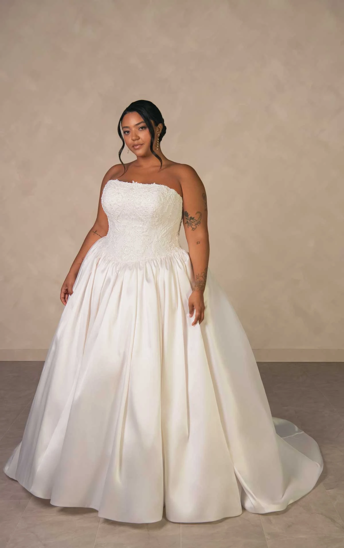 d4546+ Plus Size Couture Lace and Mikado Ballgown with Crystal-Beaded Bodice by Essense of Australia
