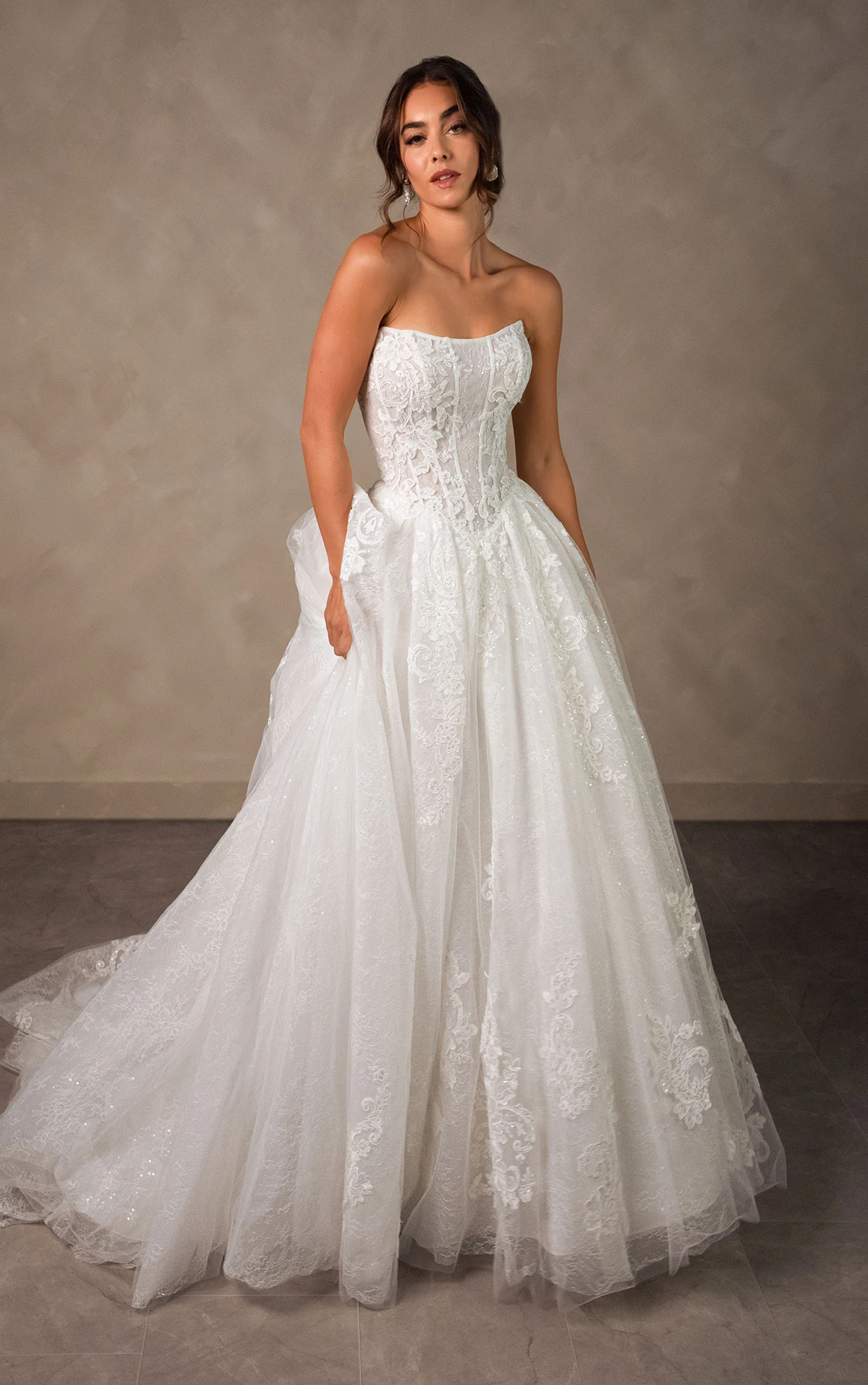 d4553 Enchanting Strapless Ballgown with Regal High-Neck Cape  by Essense of Australia
