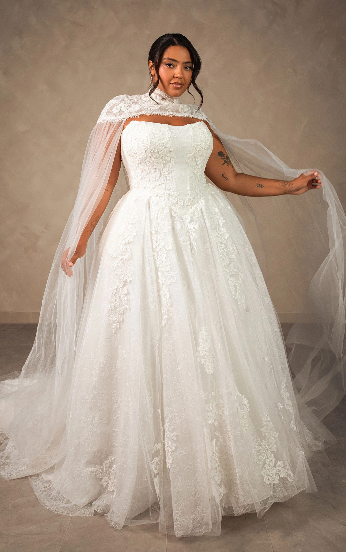 d4553 Enchanting Strapless Ballgown with Regal High-Neck Cape  by Essense of Australia
