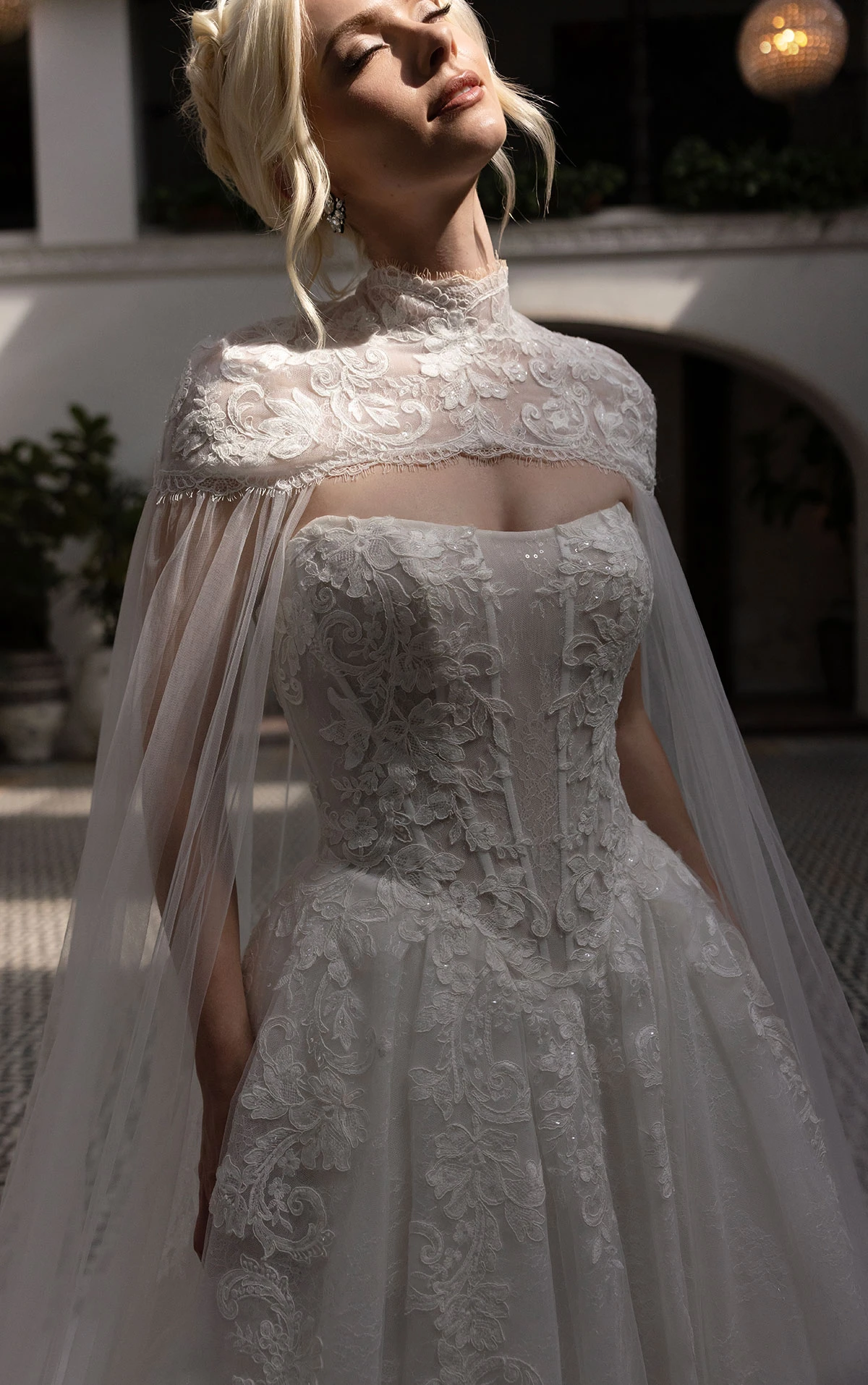 d4553 Enchanting Strapless Ballgown with Regal High-Neck Cape  by Essense of Australia