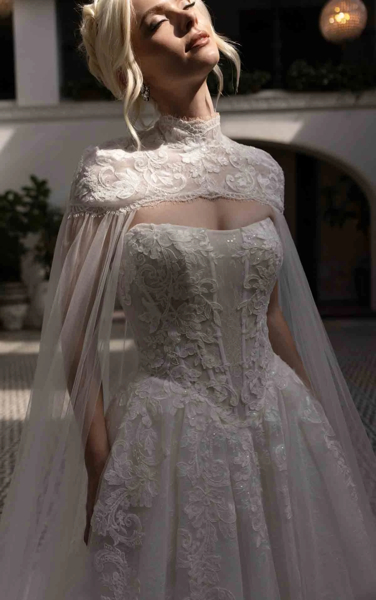 d4553 Enchanting Strapless Ballgown with Regal High-Neck Cape by Essense of Australia