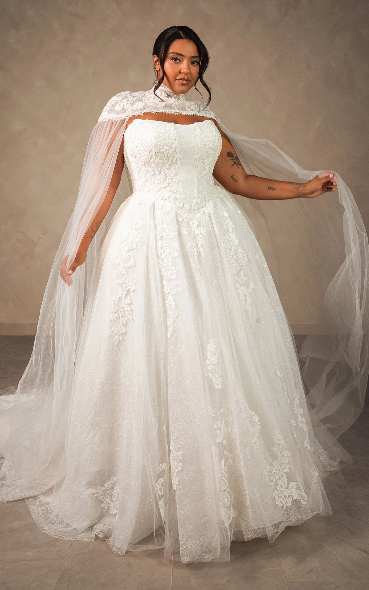 d4553+ Plus Size Enchanting Strapless Ballgown with Regal High-Neck Cape  by Essense of Australia