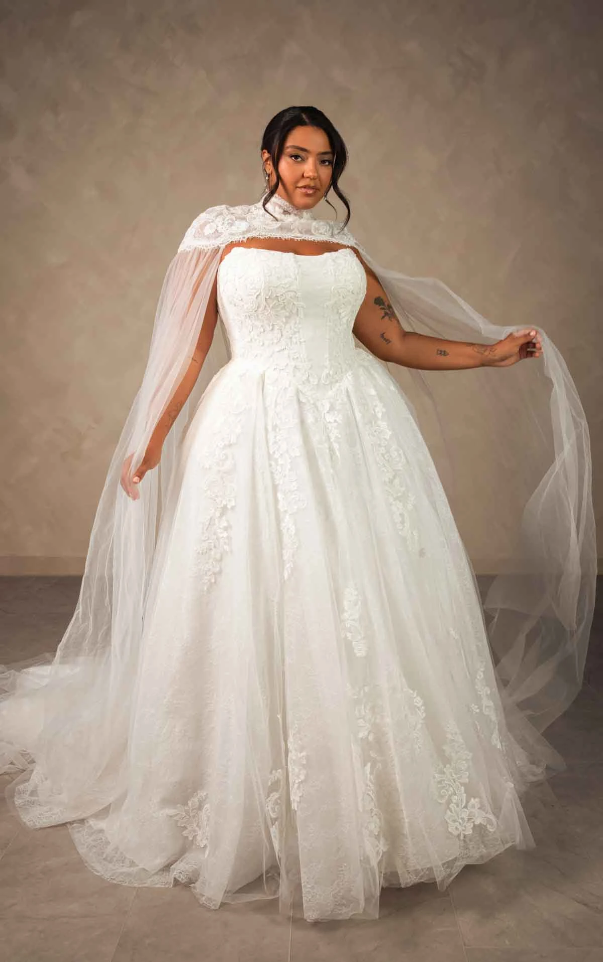 d4553+ Plus Size Enchanting Strapless Ballgown with Regal High-Neck Cape by Essense of Australia