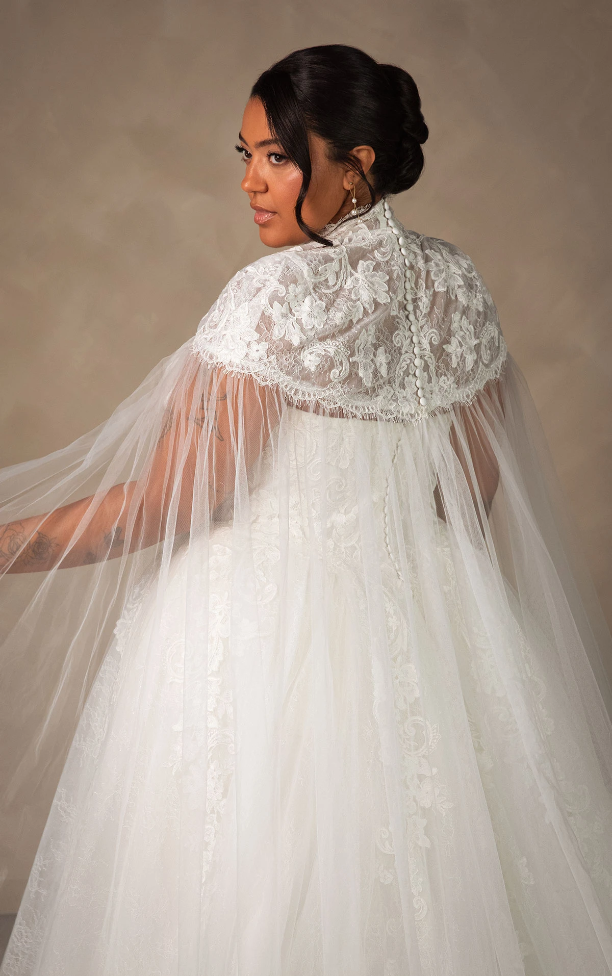 d4553+ Plus Size Enchanting Strapless Ballgown with Regal High-Neck Cape  by Essense of Australia