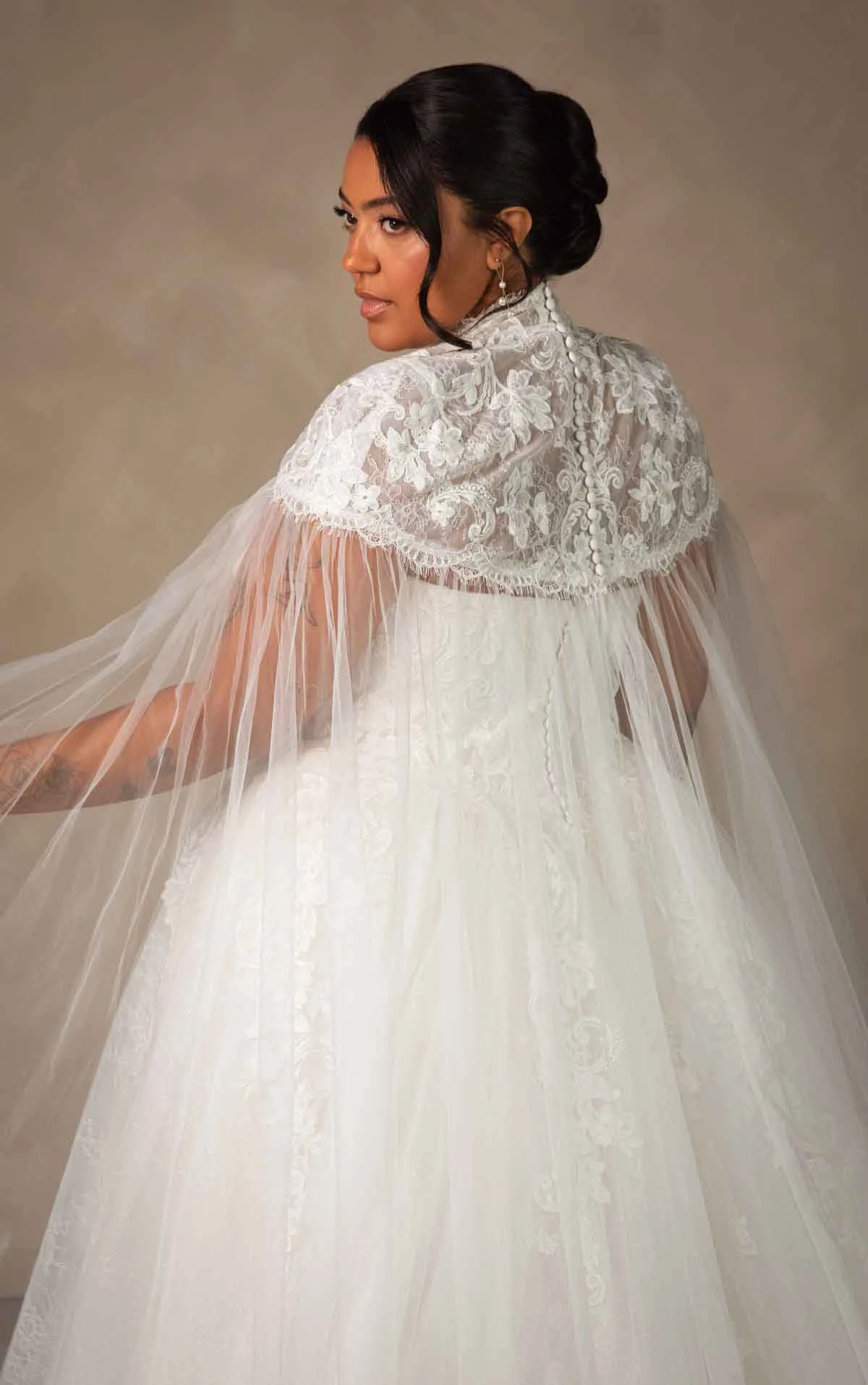 d4553+ Plus Size Enchanting Strapless Ballgown with Regal High-Neck Cape by Essense of Australia