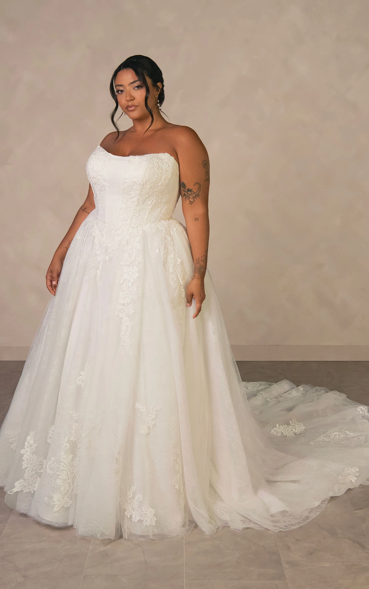 d4553+ Plus Size Enchanting Strapless Ballgown with Regal High-Neck Cape  by Essense of Australia