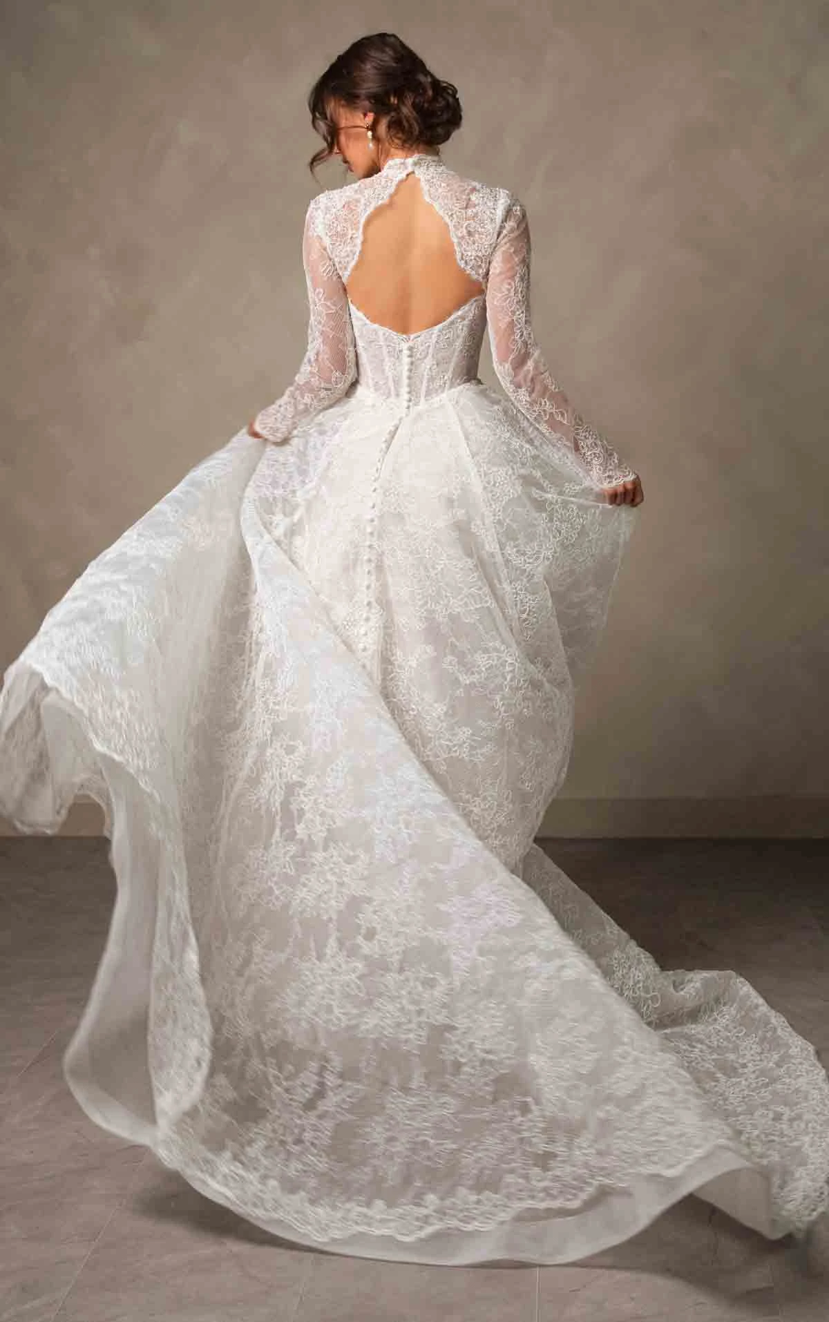d4554 Elegant High Neckline Lace A-Line Wedding Dress with Long Sleeves by Essense of Australia