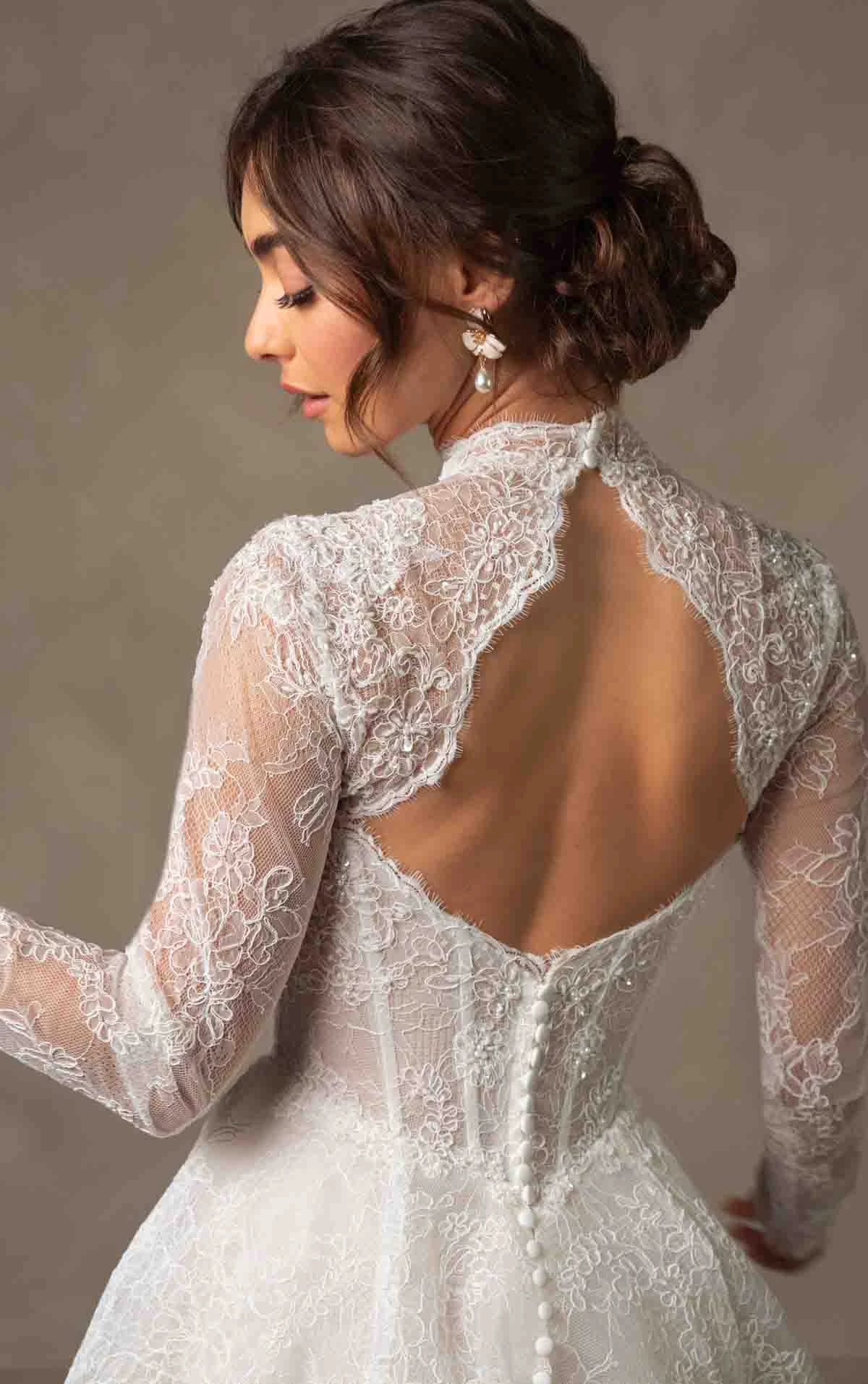 d4554 Elegant High Neckline Lace A-Line Wedding Dress with Long Sleeves by Essense of Australia