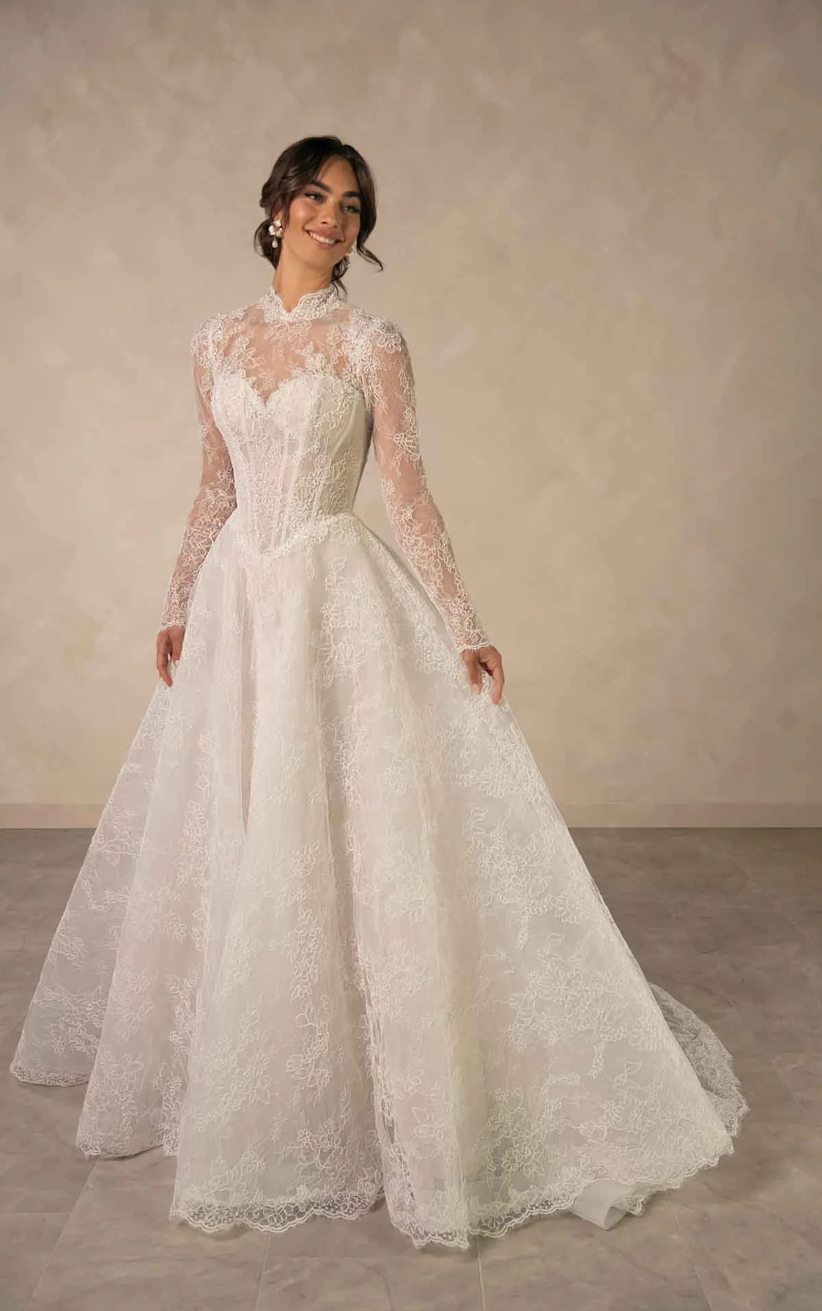 d4554 Elegant High Neckline Lace A-Line Wedding Dress with Long Sleeves by Essense of Australia
