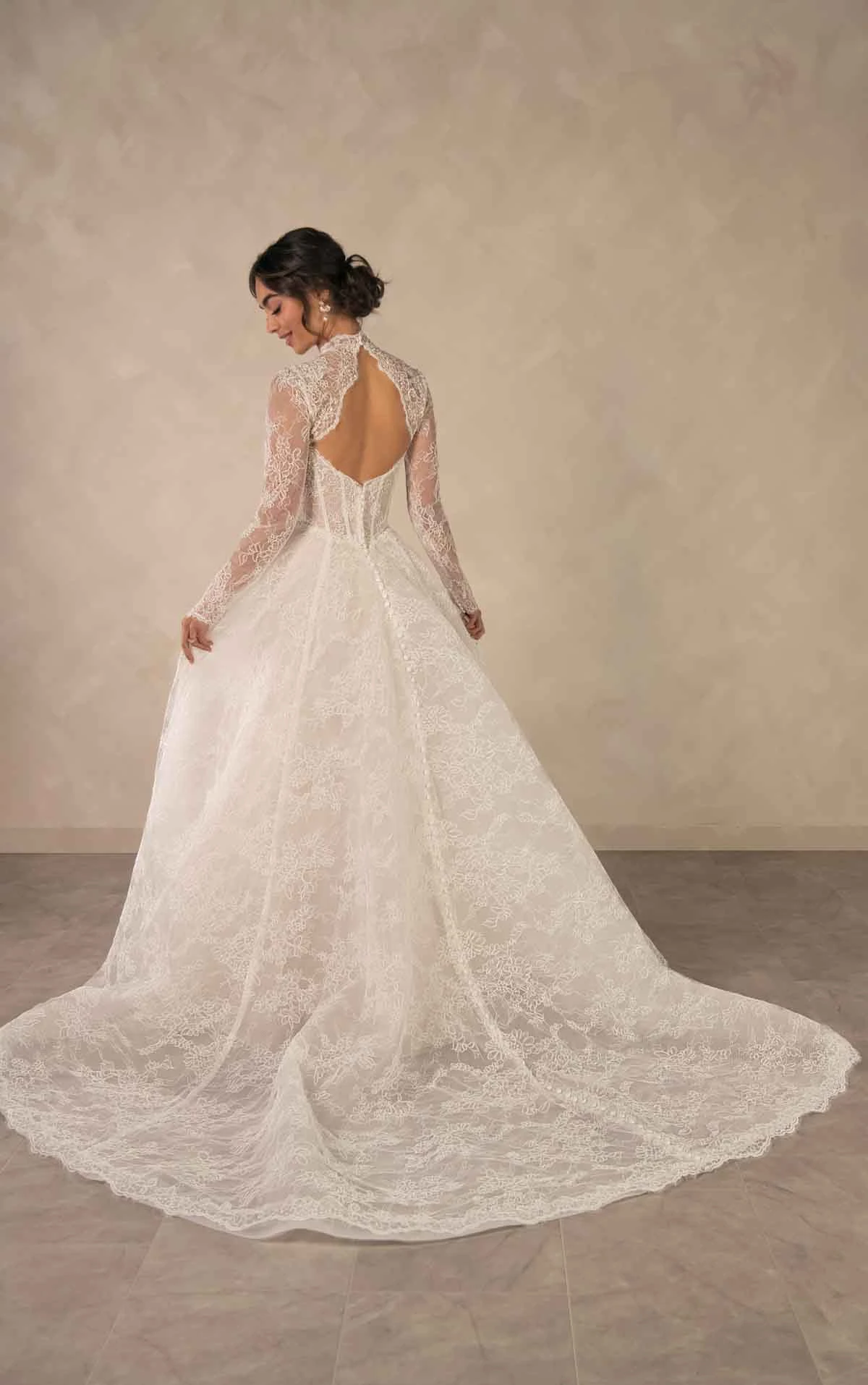 d4554 Elegant High Neckline Lace A-Line Wedding Dress with Long Sleeves by Essense of Australia