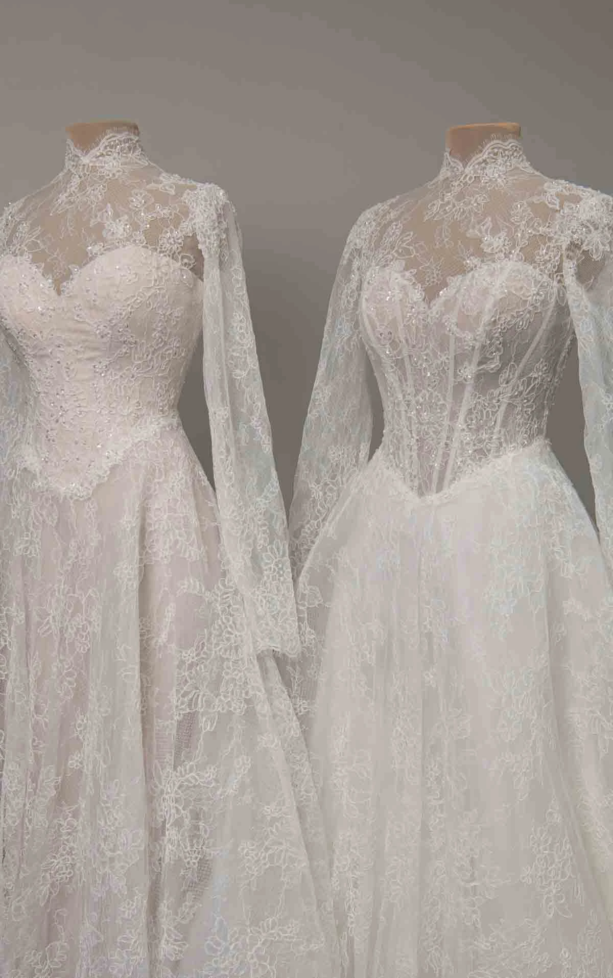 d4554 Elegant High Neckline Lace A-Line Wedding Dress with Long Sleeves by Essense of Australia