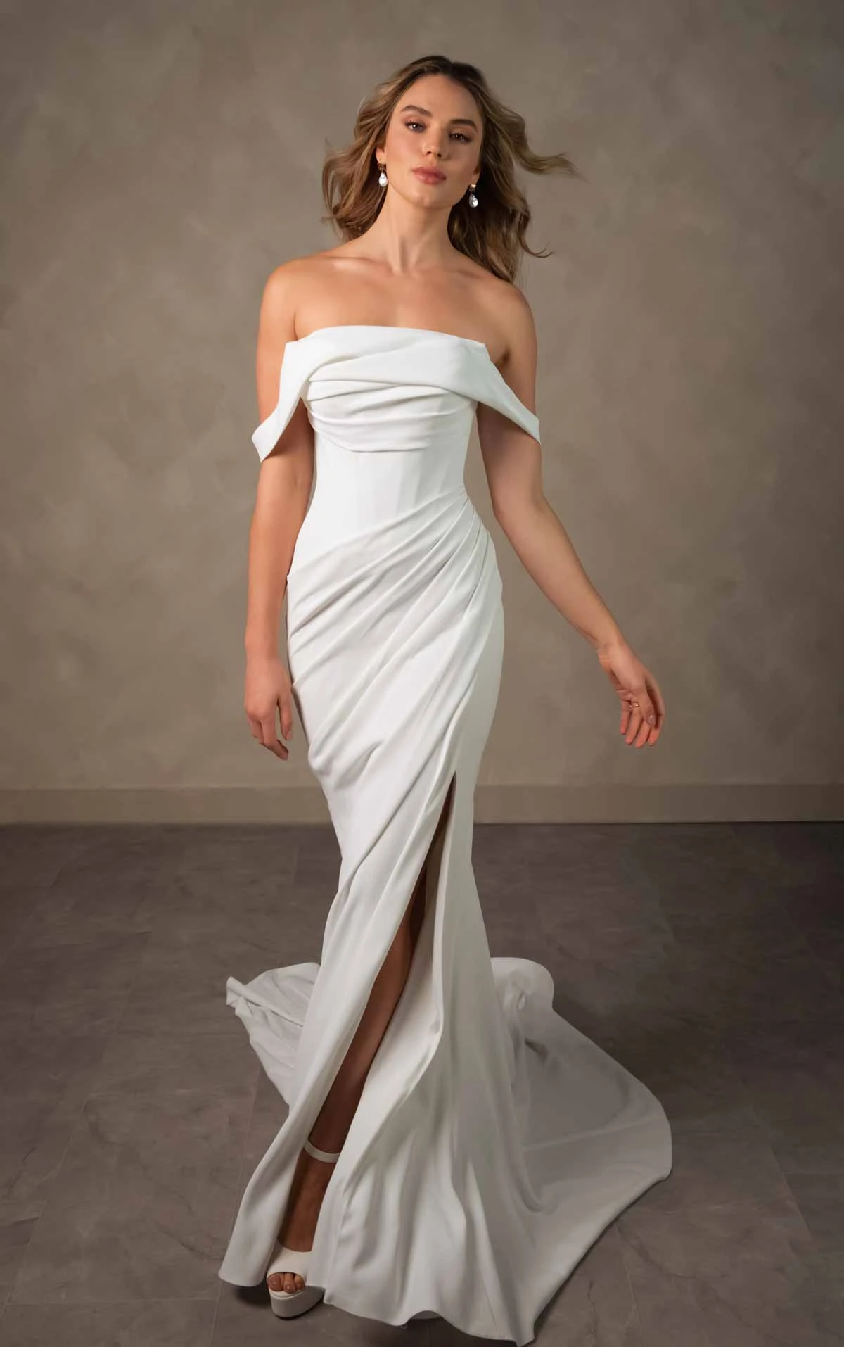 d4563 Effortless Crepe Sheath Wedding Dress with A-Symmetrical Ruching by Essense of Australia