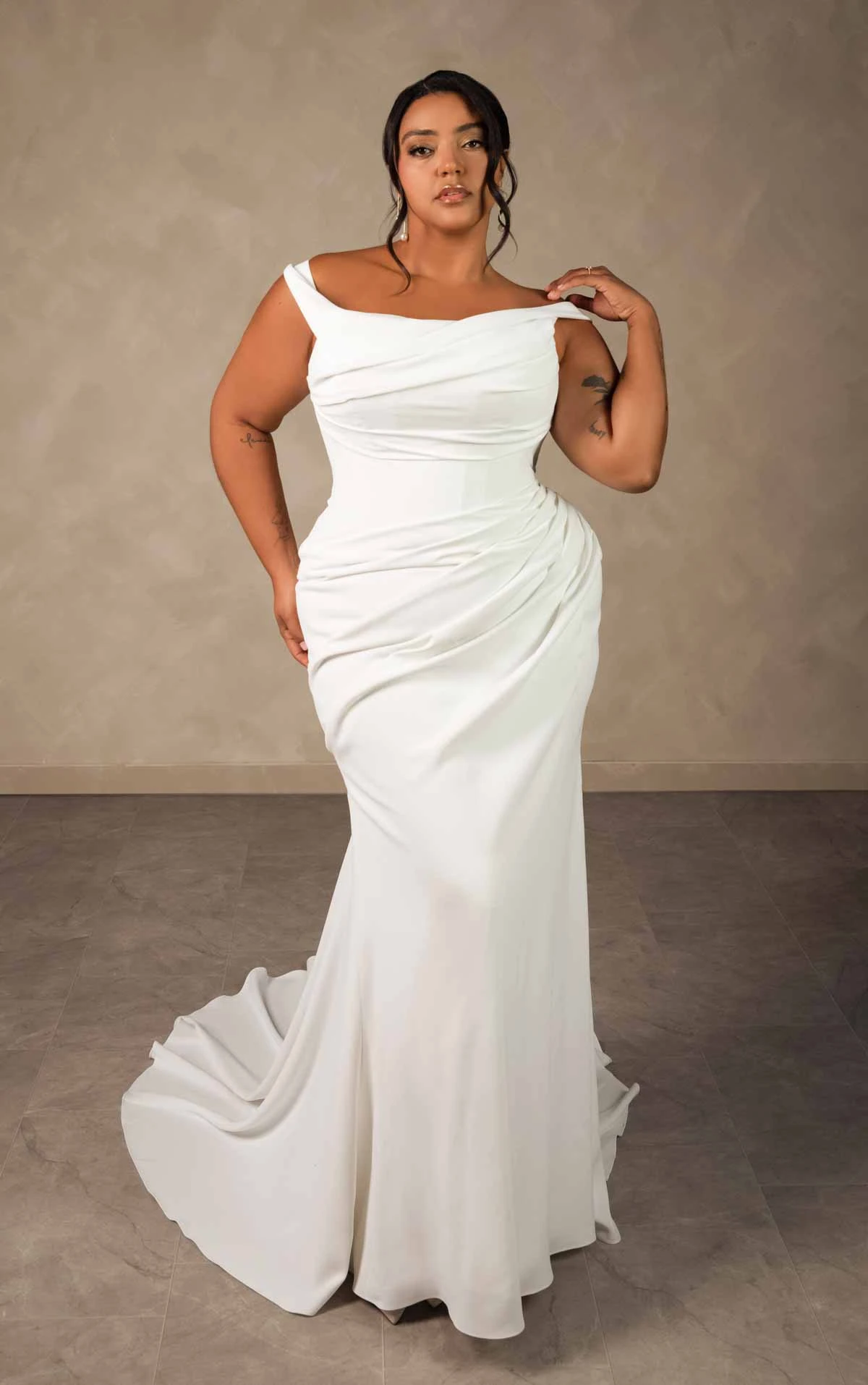 d4563 Effortless Crepe Sheath Wedding Dress with A-Symmetrical Ruching by Essense of Australia