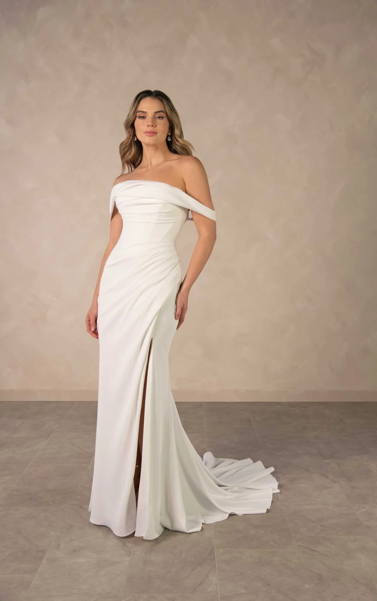 d4563 Effortless Crepe Sheath Wedding Dress with A-Symmetrical Ruching by Essense of Australia