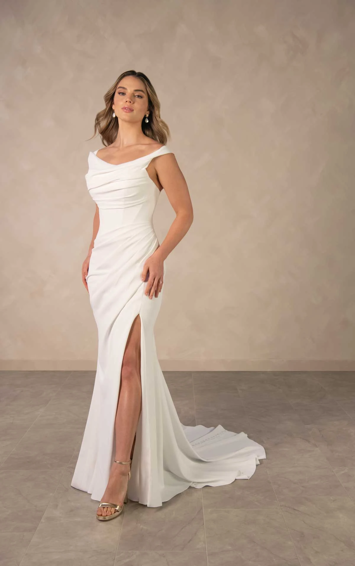 d4563 Effortless Crepe Sheath Wedding Dress with A-Symmetrical Ruching by Essense of Australia