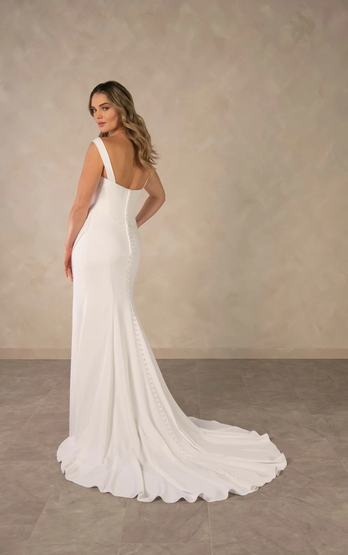 d4563 Effortless Crepe Sheath Wedding Dress with A-Symmetrical Ruching by Essense of Australia