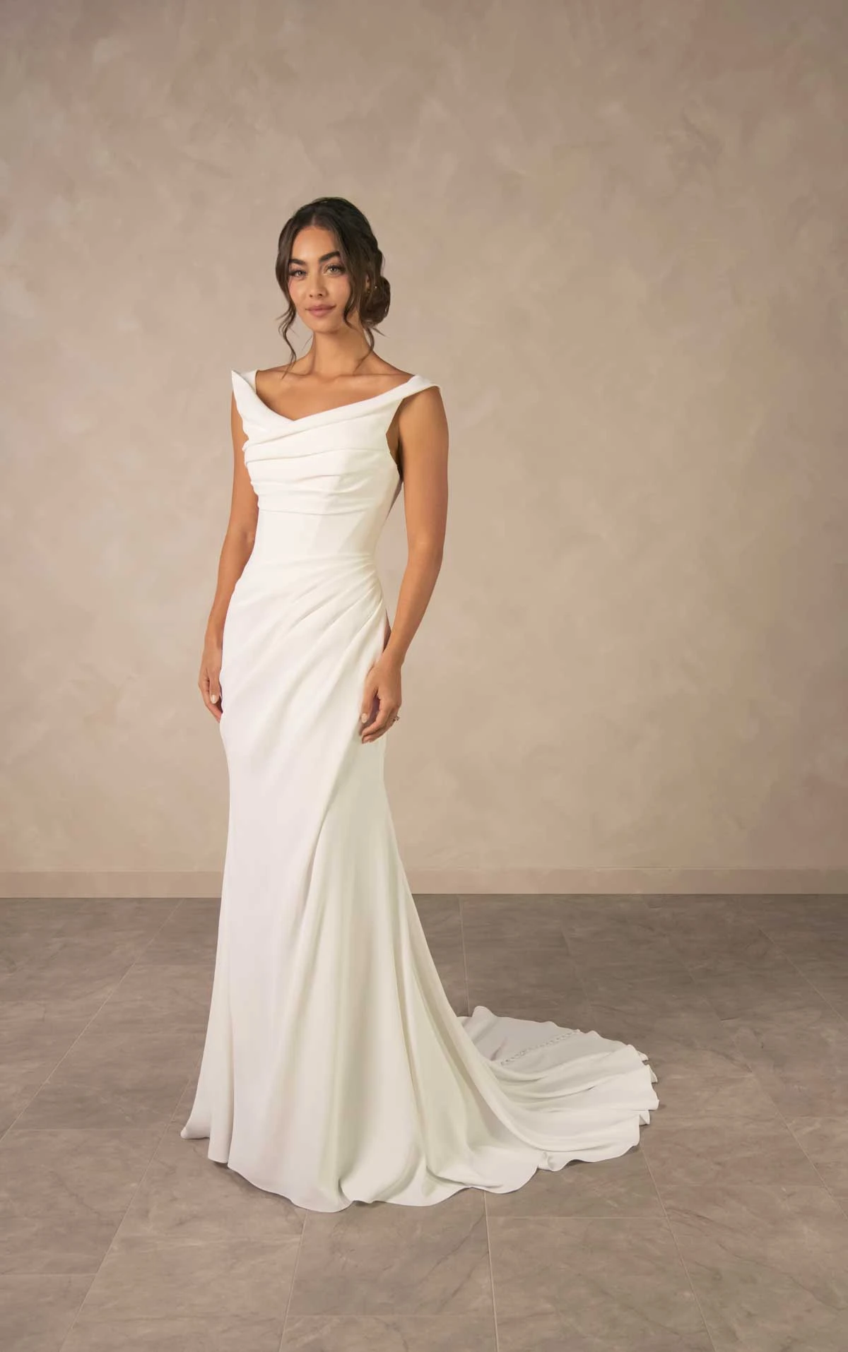 d4563 Effortless Crepe Sheath Wedding Dress with A-Symmetrical Ruching by Essense of Australia