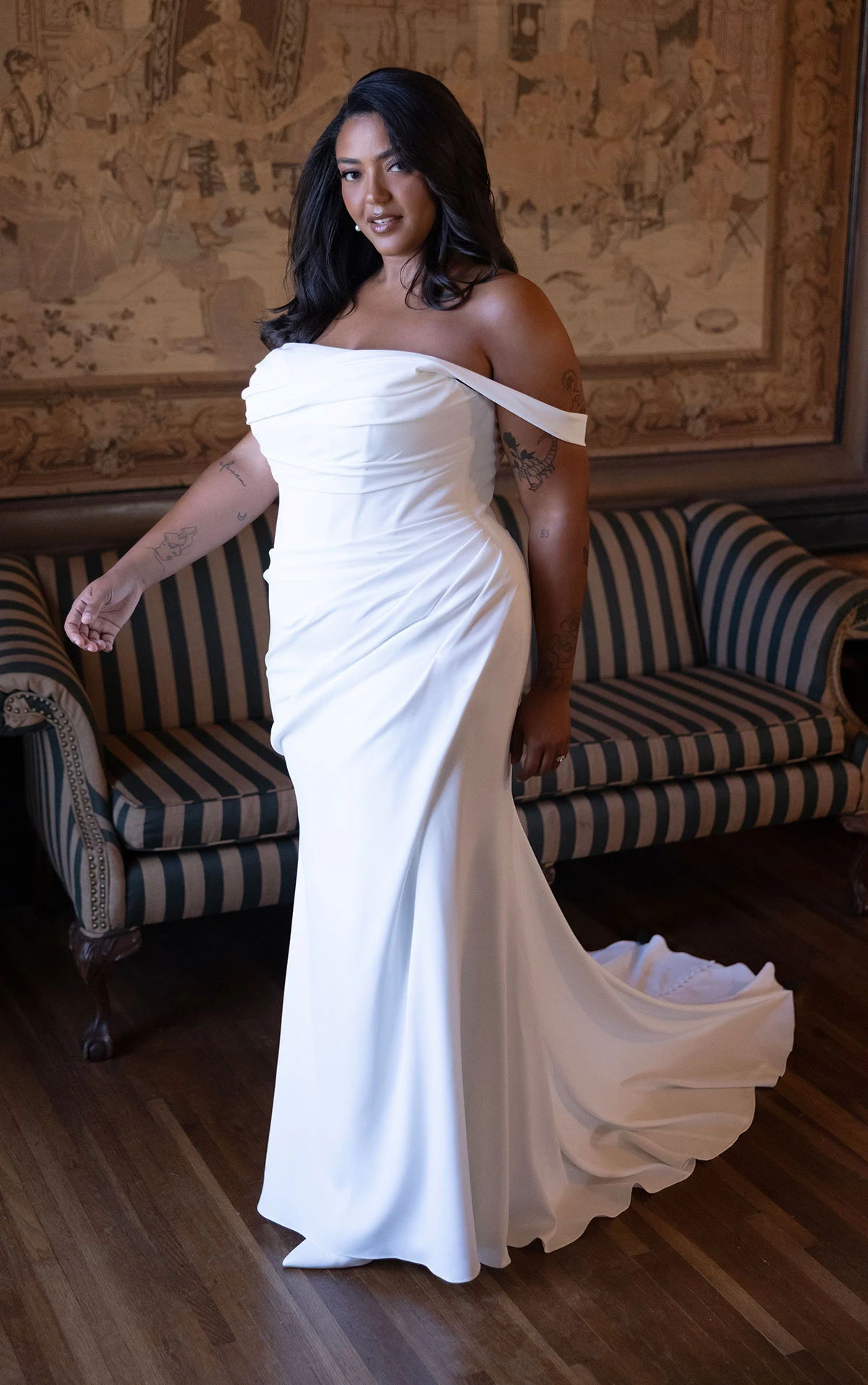 d4563+ Plus Size Effortless Crepe Sheath Wedding Dress with Asymmetrical Ruching  by Essense of Australia