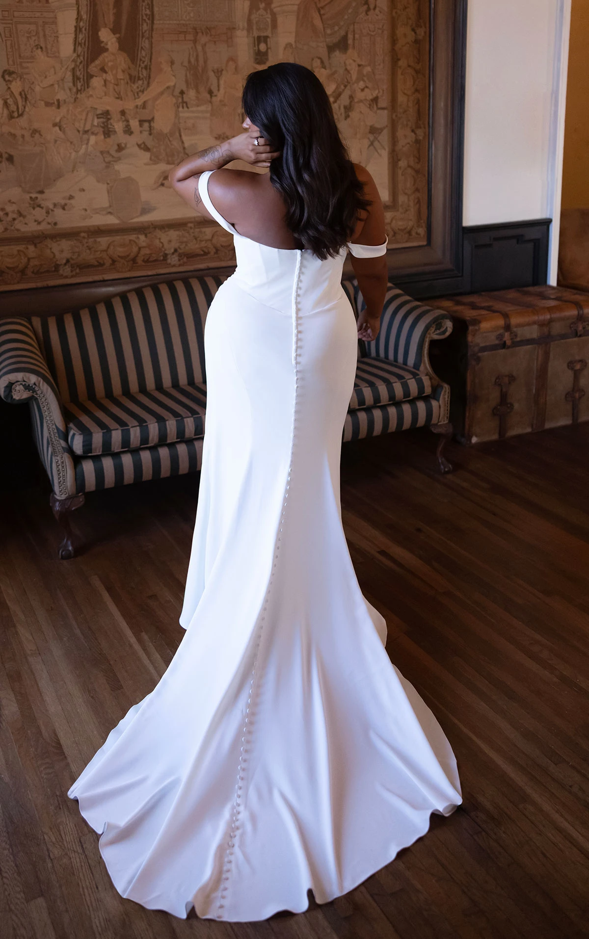 d4563+ Plus Size Effortless Crepe Sheath Wedding Dress with Asymmetrical Ruching  by Essense of Australia
