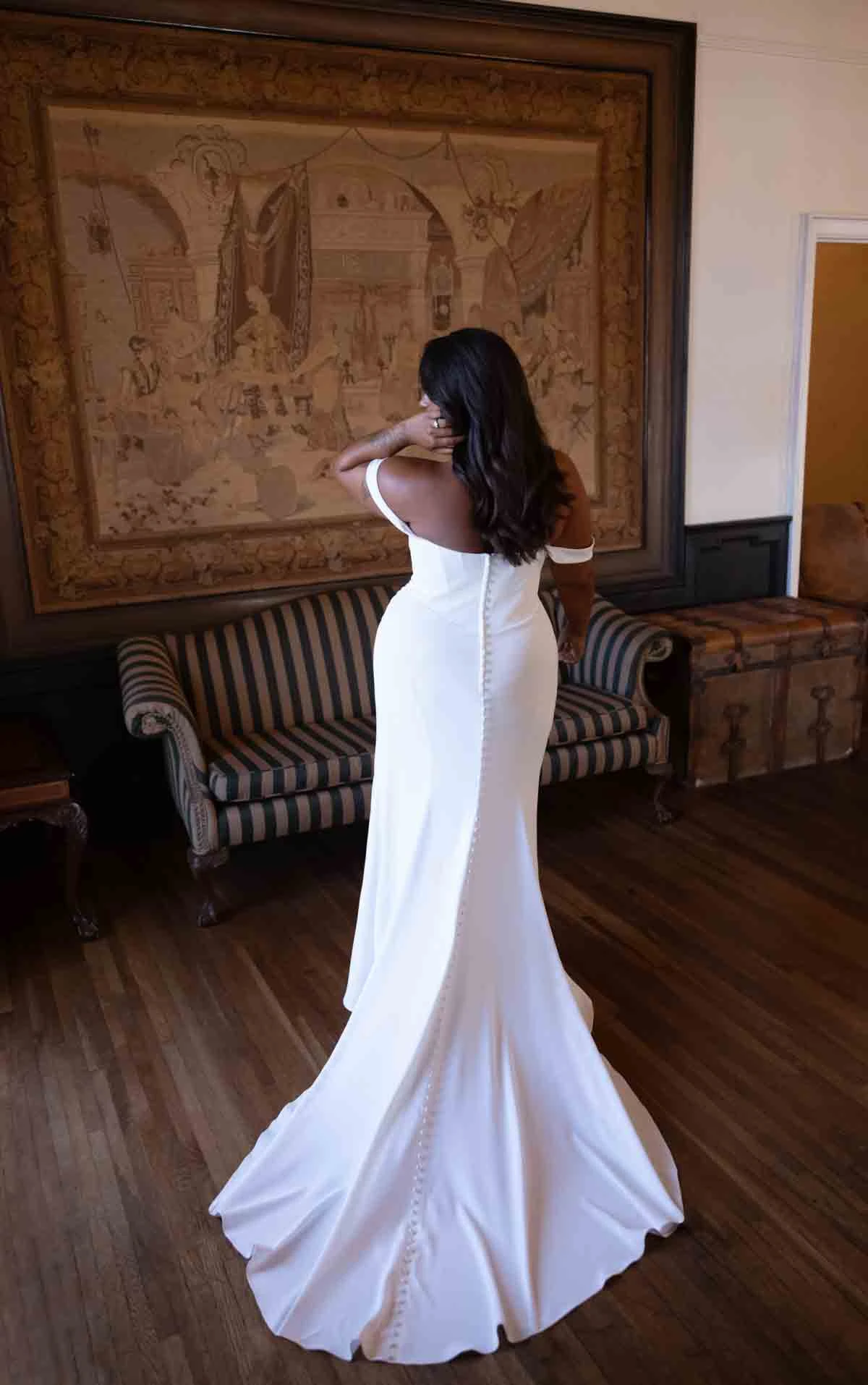d4563+ Plus Size Effortless Crepe Sheath Wedding Dress with Asymmetrical Ruching by Essense of Australia