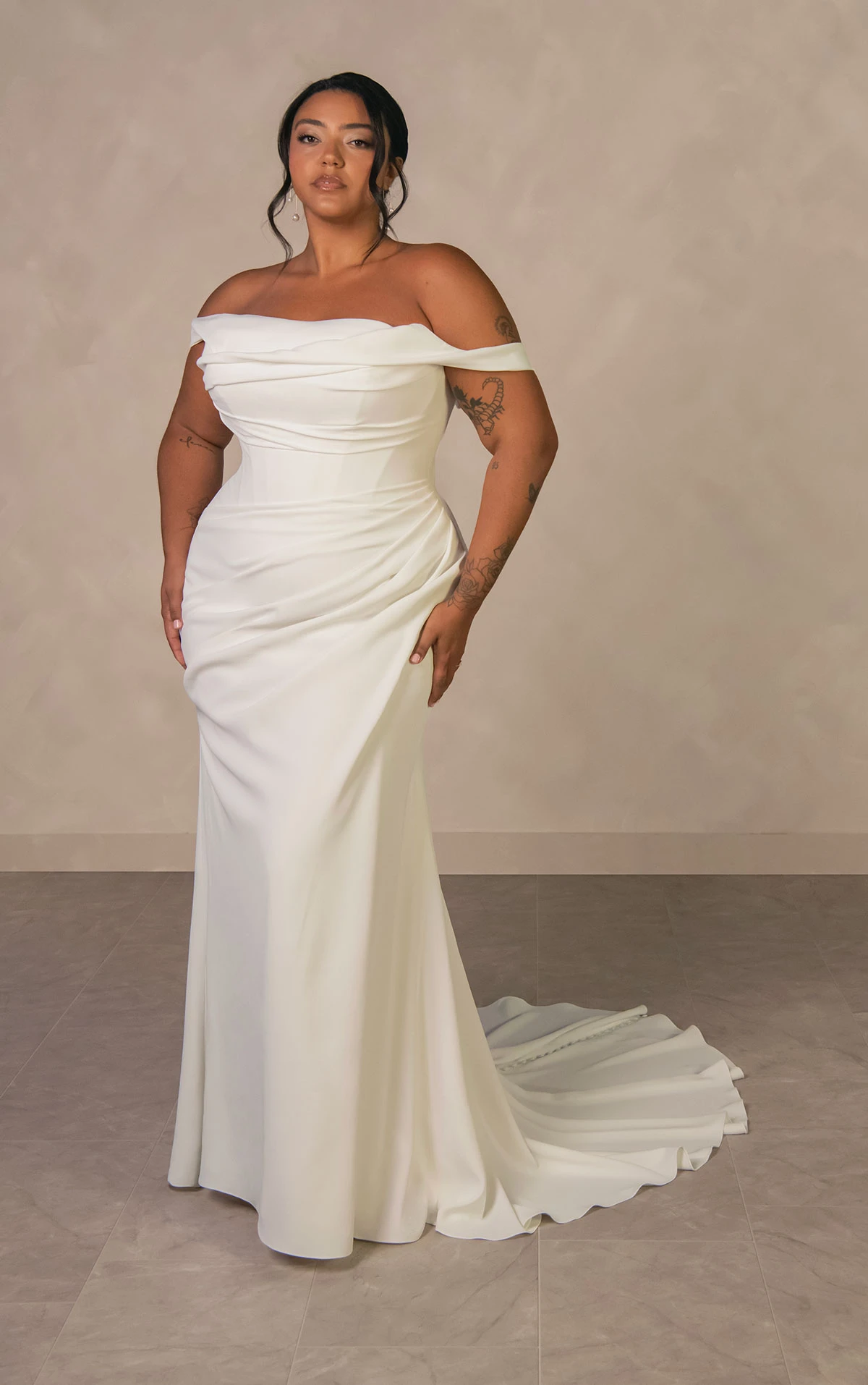 d4563+ Plus Size Effortless Crepe Sheath Wedding Dress with Asymmetrical Ruching  by Essense of Australia