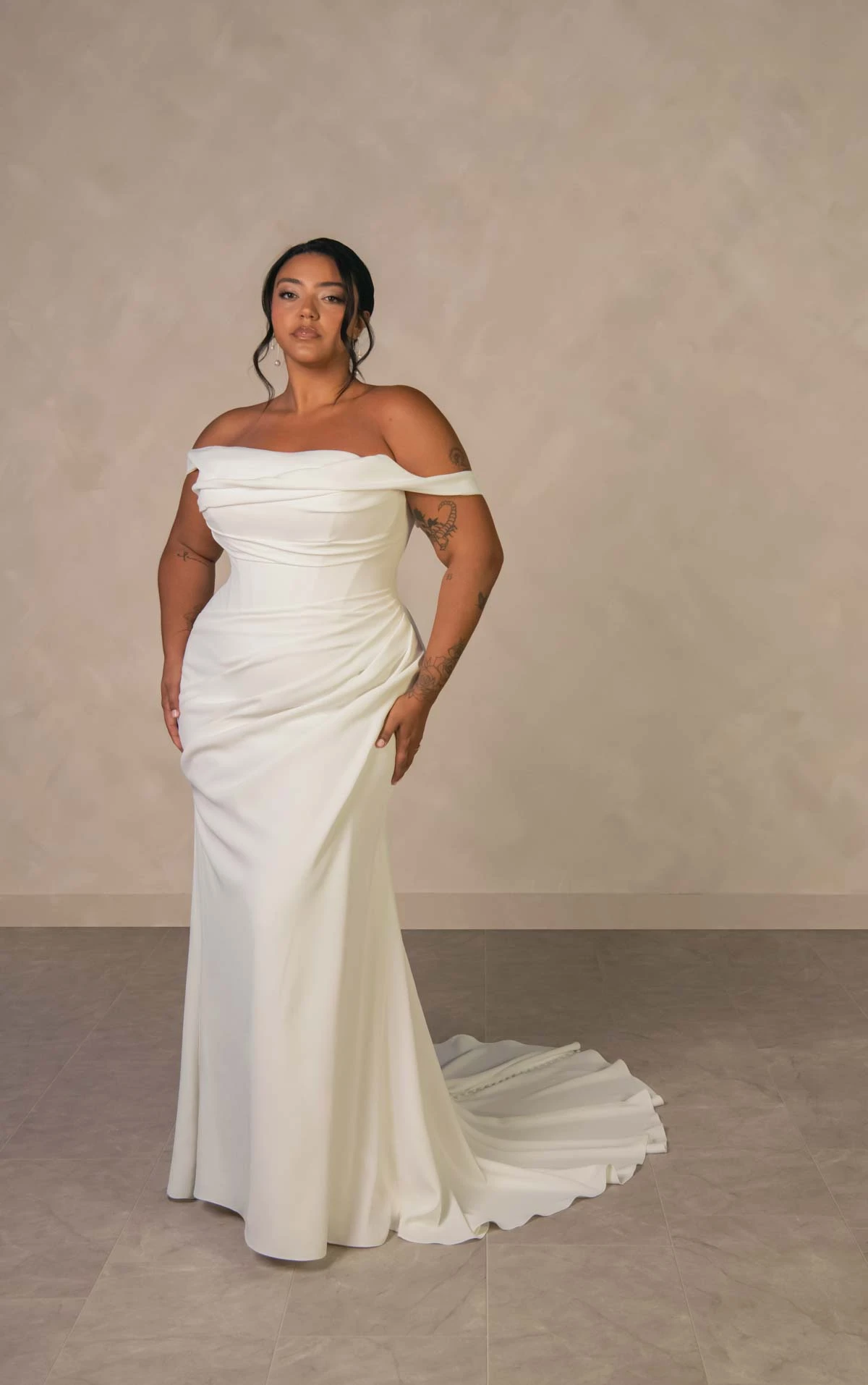 d4563+ Plus Size Effortless Crepe Sheath Wedding Dress with Asymmetrical Ruching by Essense of Australia