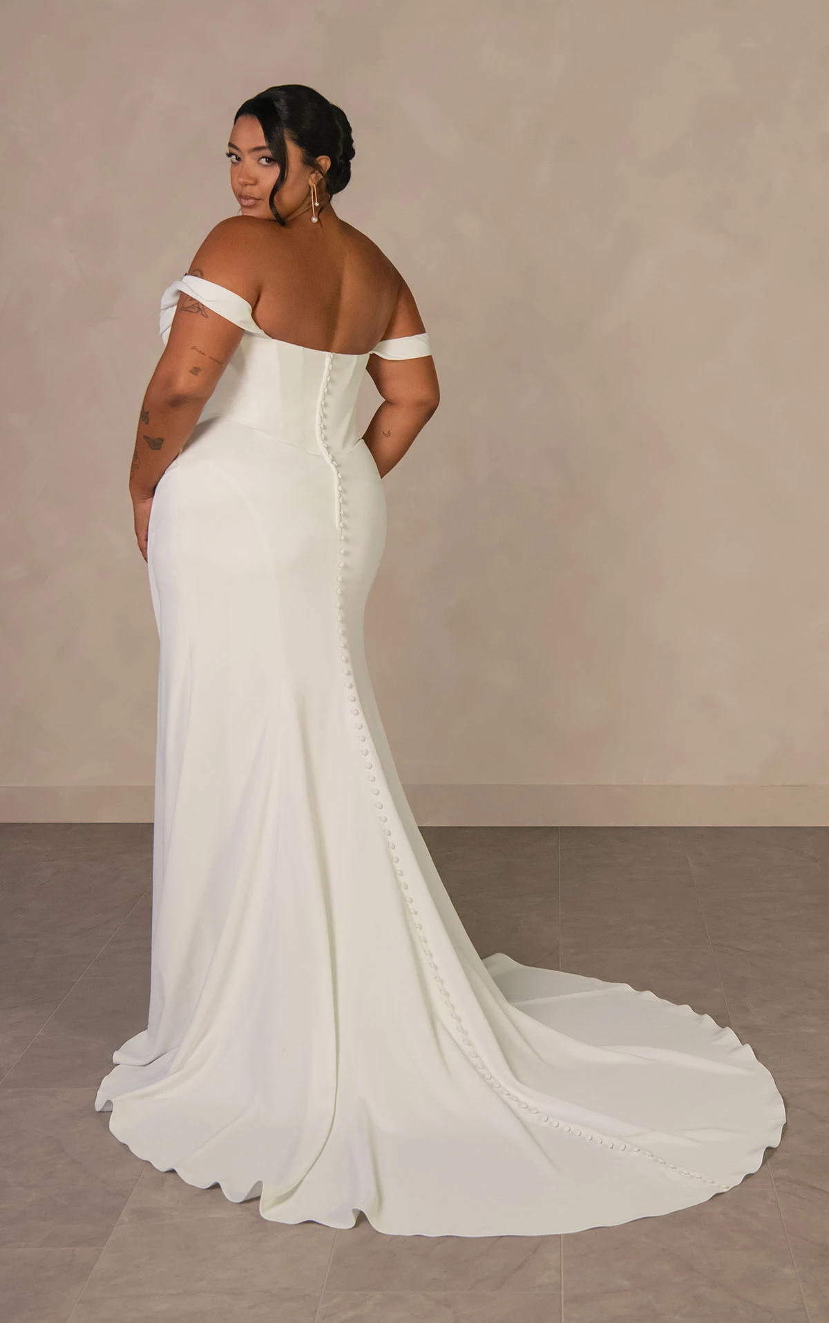 d4563+ Plus Size Effortless Crepe Sheath Wedding Dress with Asymmetrical Ruching  by Essense of Australia
