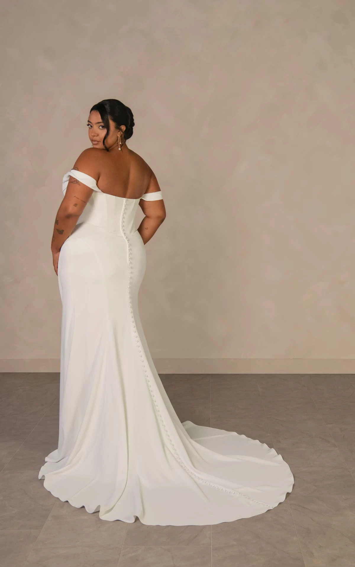 d4563+ Plus Size Effortless Crepe Sheath Wedding Dress with Asymmetrical Ruching by Essense of Australia