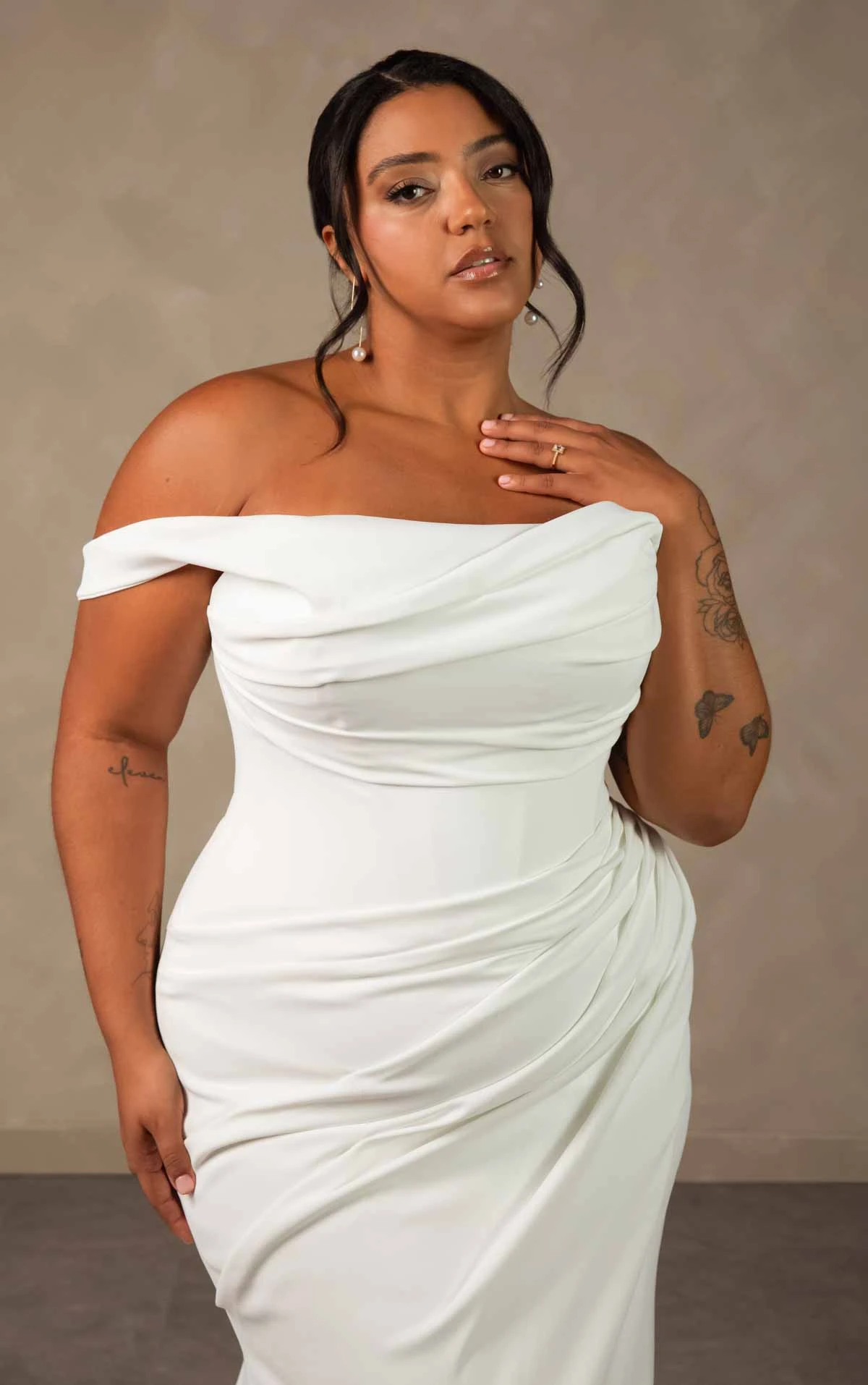 d4563+ Plus Size Effortless Crepe Sheath Wedding Dress with Asymmetrical Ruching by Essense of Australia
