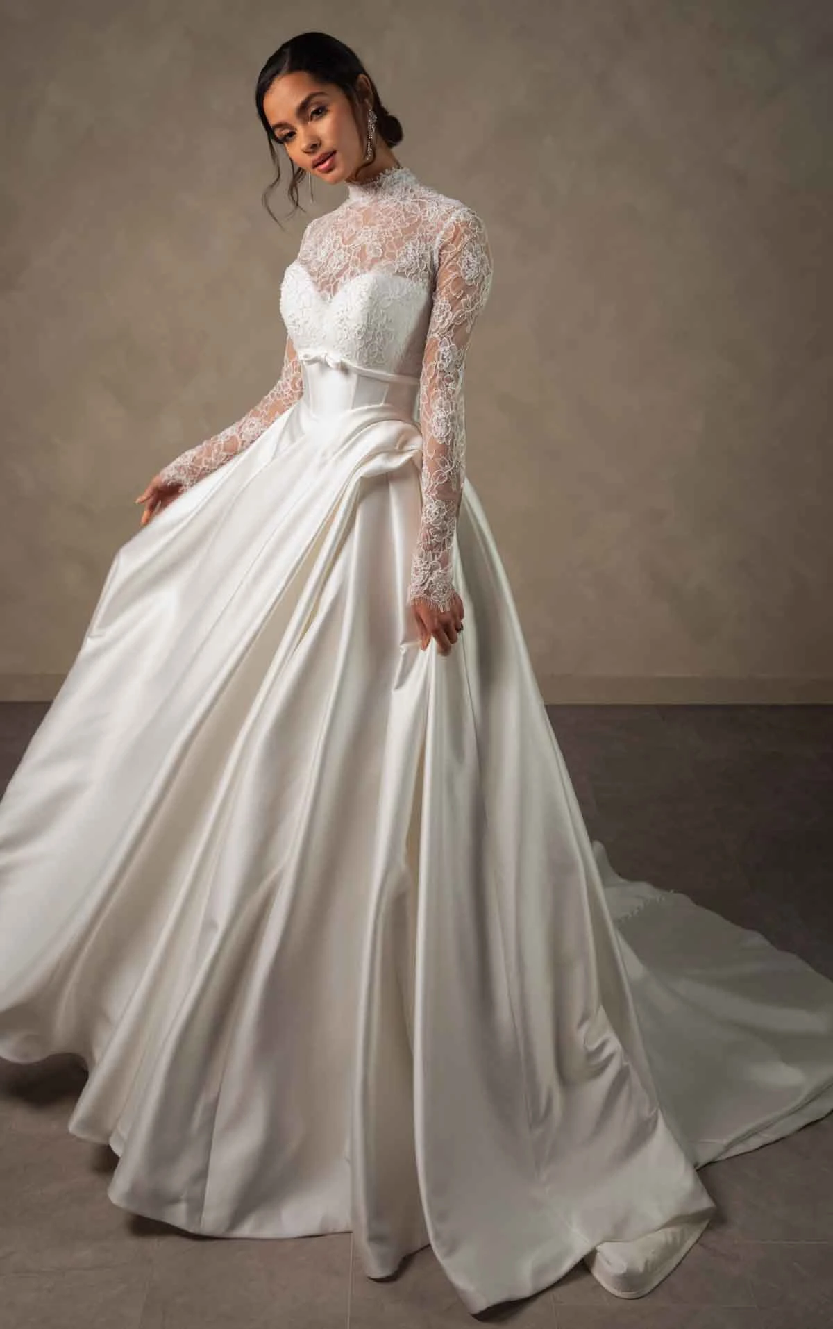 d4566 Regal Mikado Ballgown with Illusion Lace High Neckline and Long Sleeves by Essense of Australia