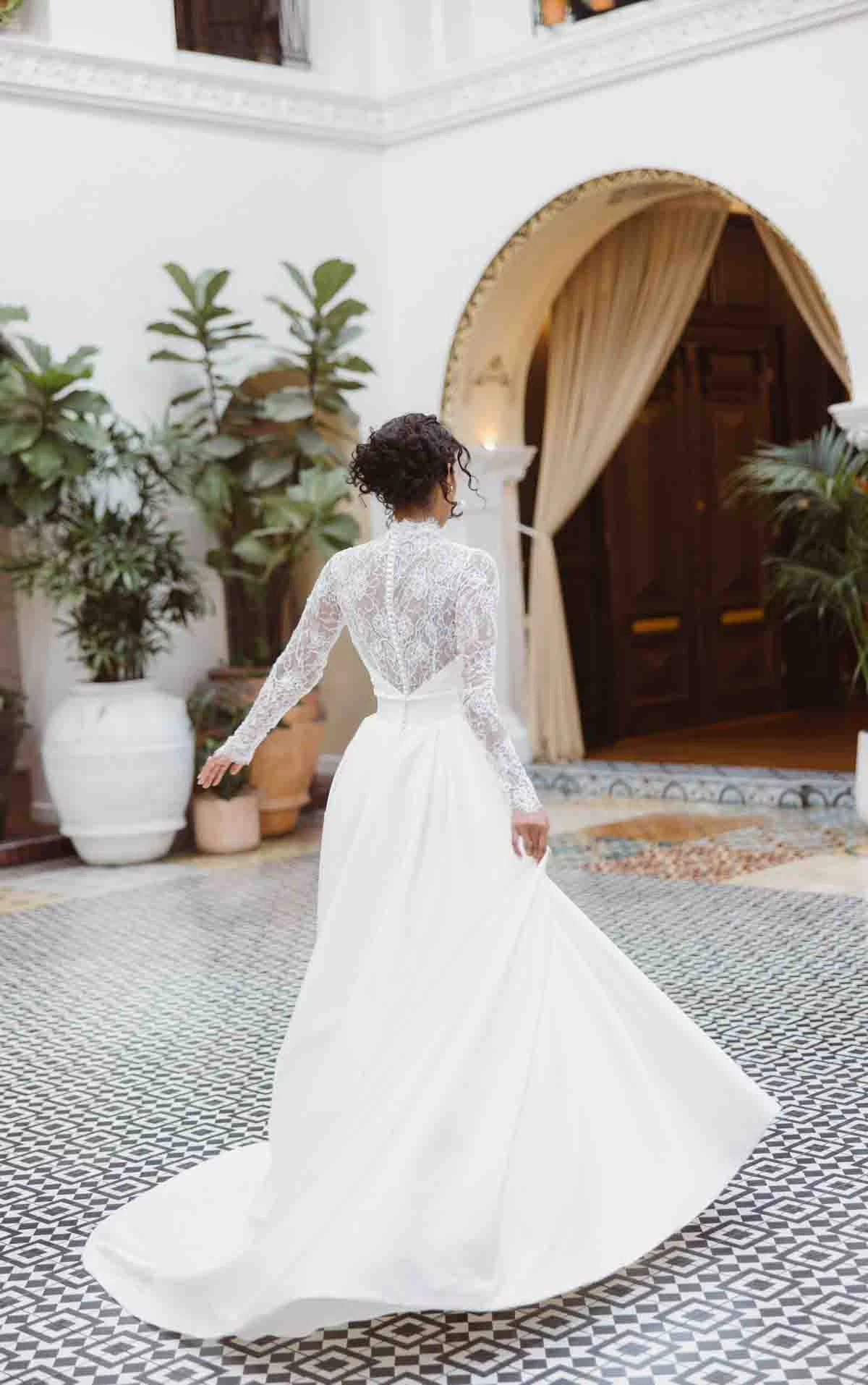 d4566 Regal Mikado Ballgown with Illusion Lace High Neckline and Long Sleeves by Essense of Australia