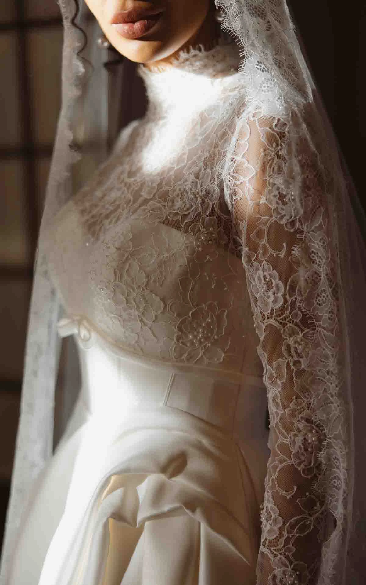 d4566 Regal Mikado Ballgown with Illusion Lace High Neckline and Long Sleeves by Essense of Australia