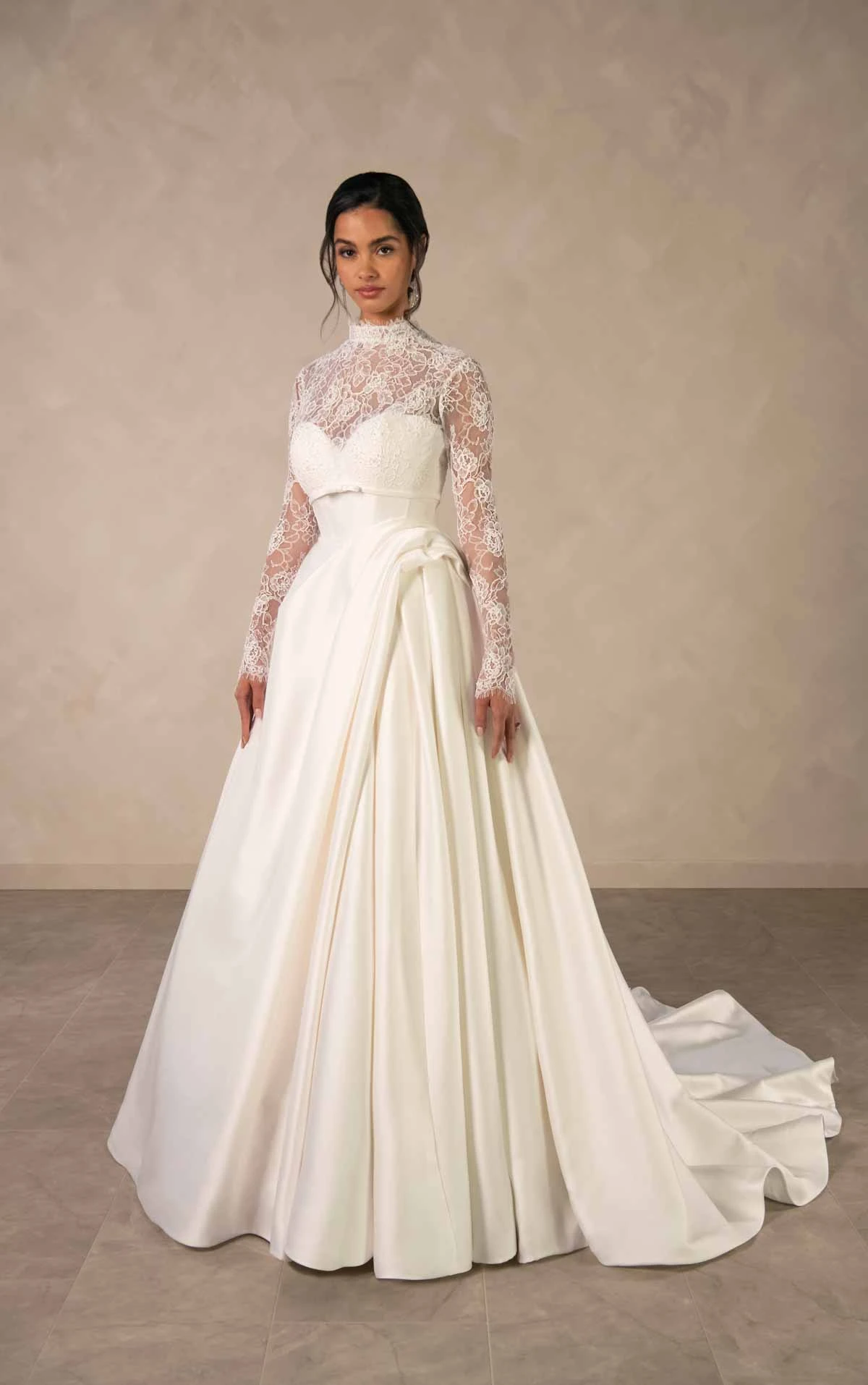 d4566 Regal Mikado Ballgown with Illusion Lace High Neckline and Long Sleeves by Essense of Australia