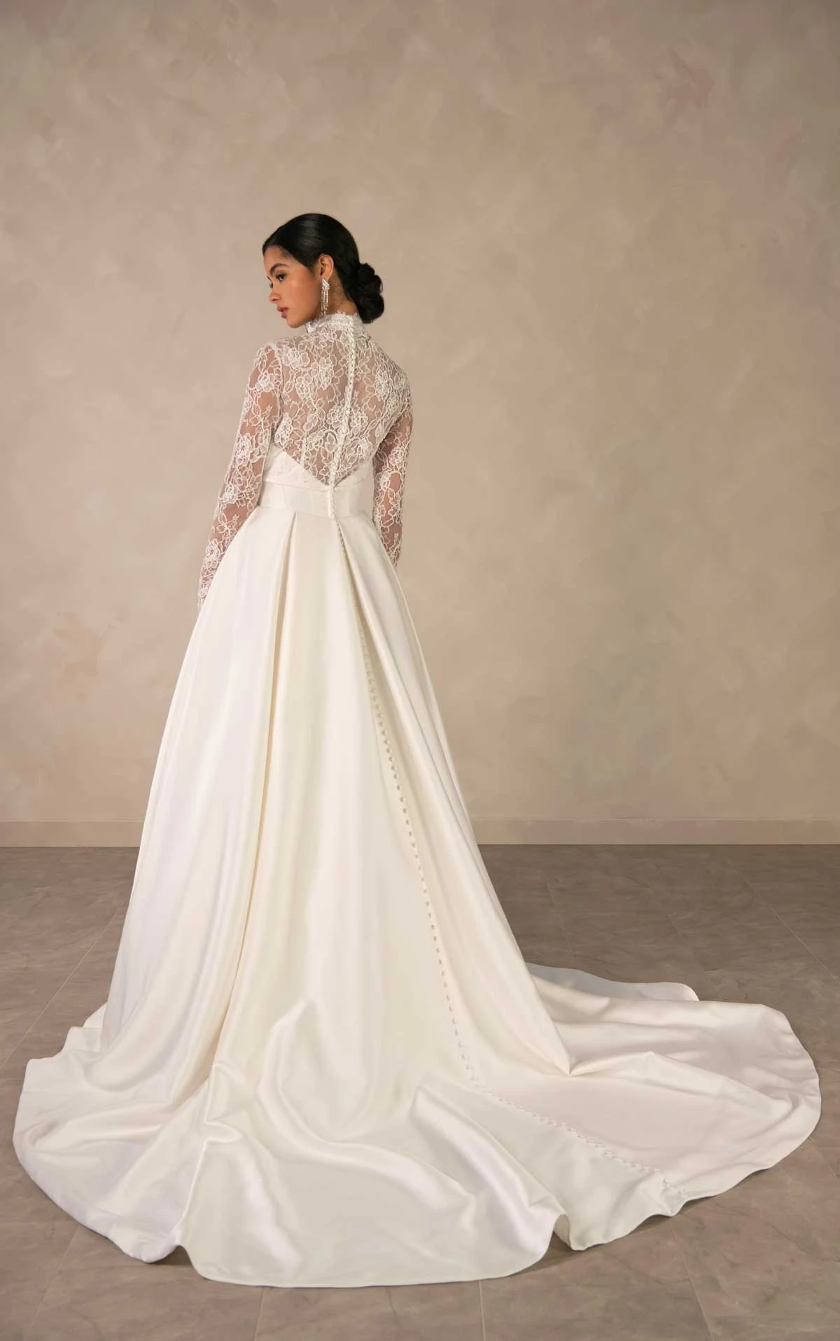 d4566 Regal Mikado Ballgown with Illusion Lace High Neckline and Long Sleeves by Essense of Australia