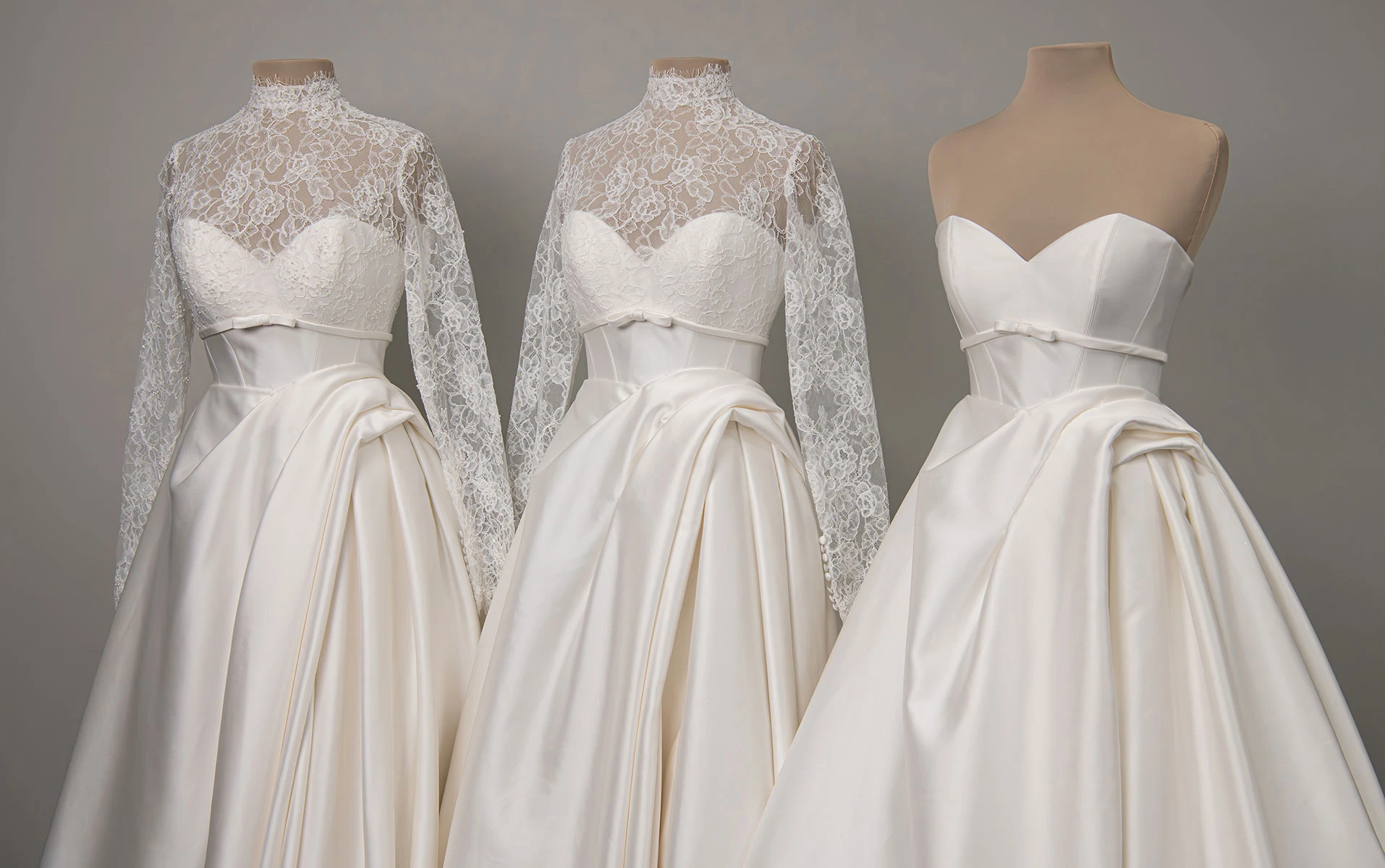 d4566 Royales Ball-Brautkleid aus Mikado mit transparentem, hohem Ausschnitt aus Illusionsspitze und langen Ärmeln  by Essense of Australia