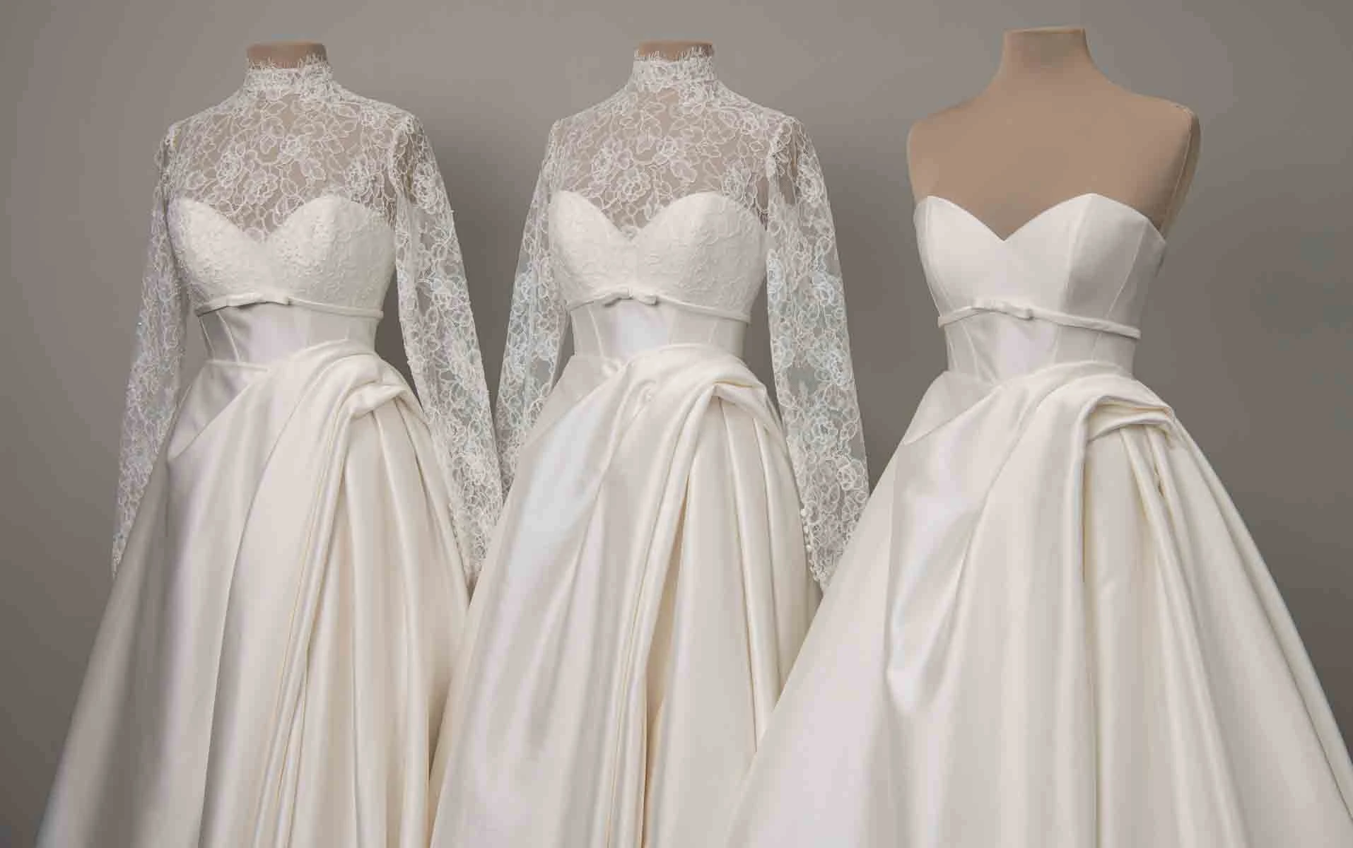 d4566 Regal Mikado Ballgown with Illusion Lace High Neckline and Long Sleeves by Essense of Australia