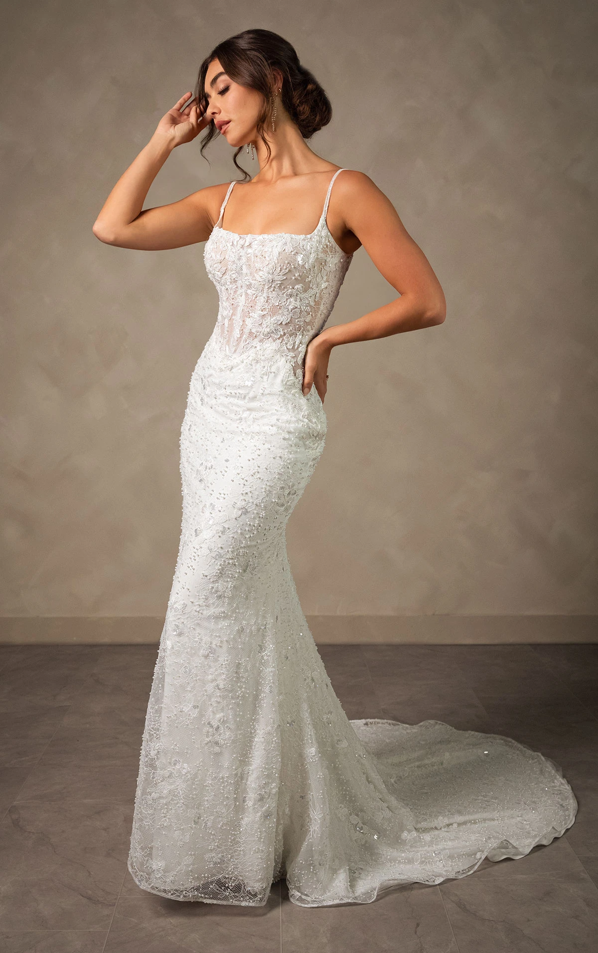 d4567 Sparkling Lace Sheath Wedding Dress with Square Neckline and Detachable Overskirt  by Essense of Australia