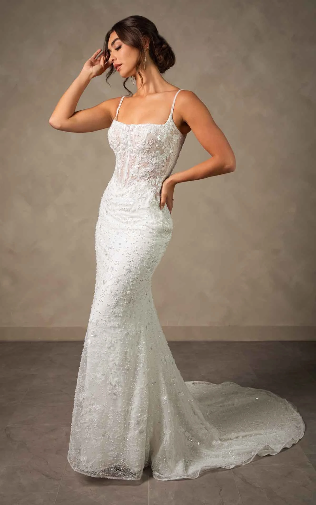 d4567 Sparkling Lace Sheath Wedding Dress with Square Neckline and Detachable Overskirt by Essense of Australia