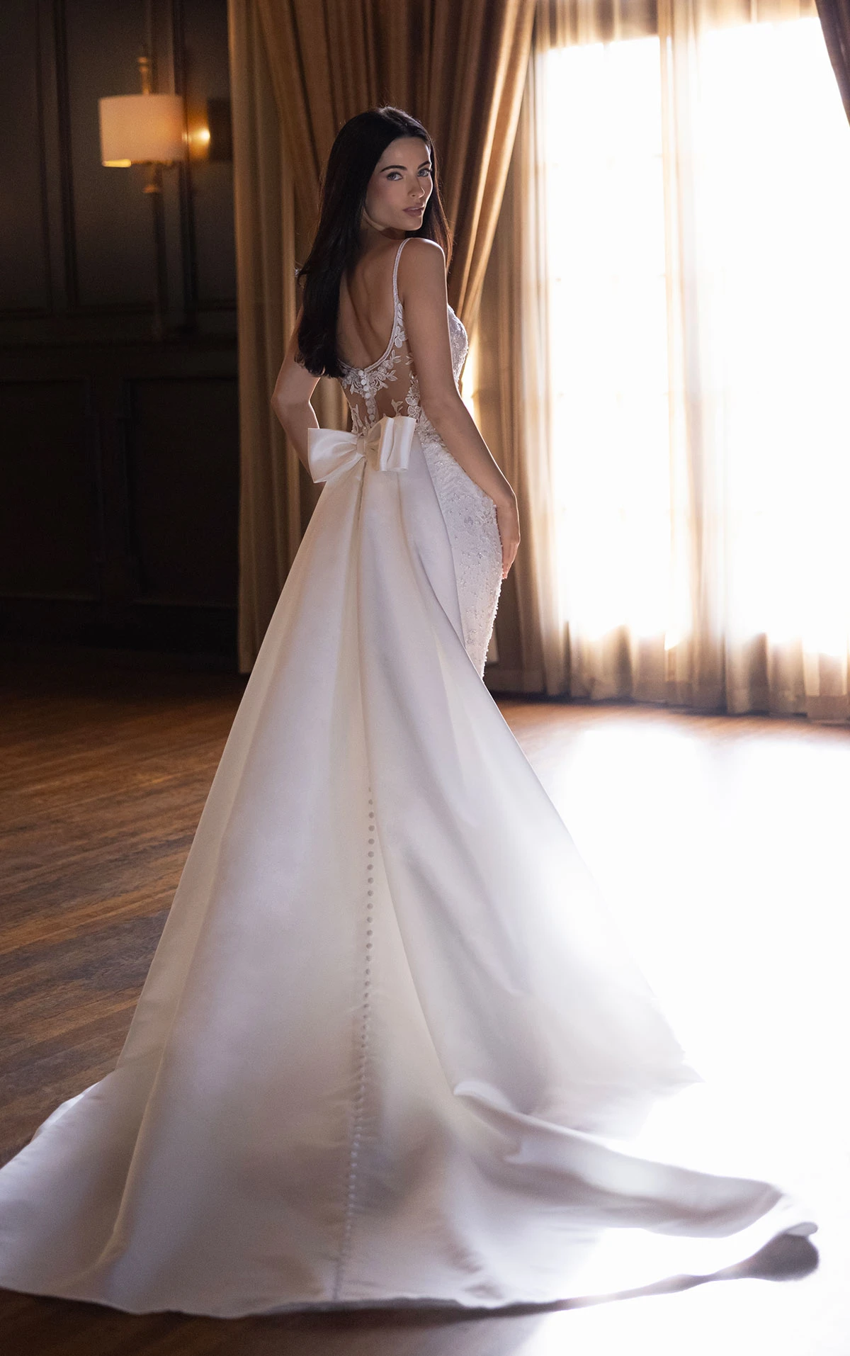 d4567 Sparkling Lace Sheath Wedding Dress with Square Neckline and Detachable Overskirt  by Essense of Australia