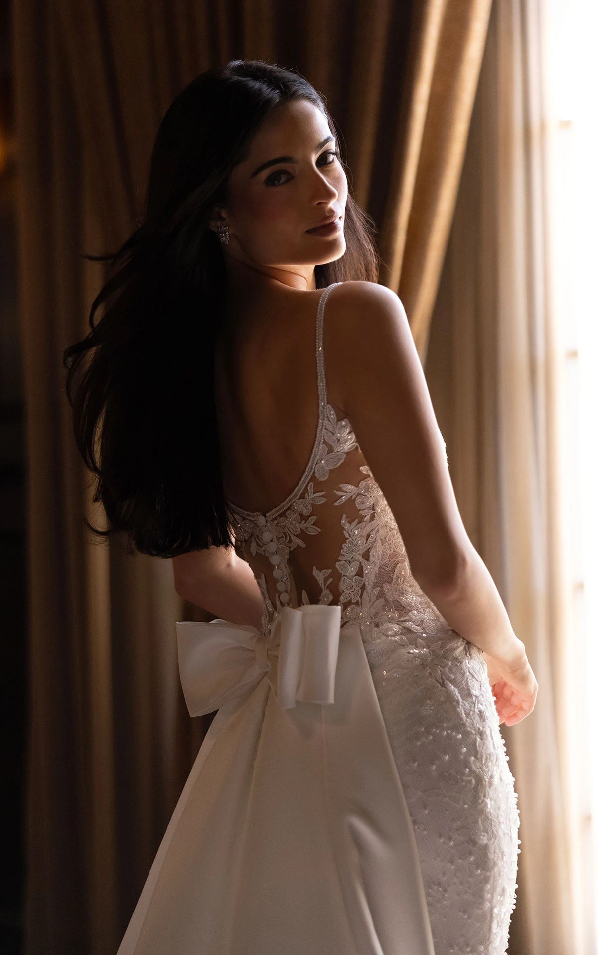 d4567 Sparkling Lace Sheath Wedding Dress with Square Neckline and Detachable Overskirt  by Essense of Australia