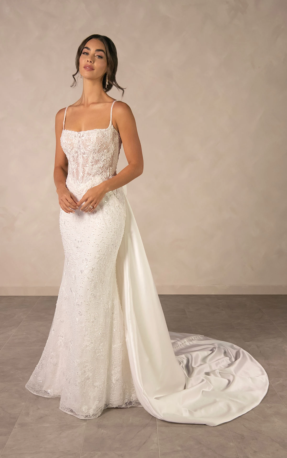 d4567 Sparkling Lace Sheath Wedding Dress with Square Neckline and Detachable Overskirt  by Essense of Australia