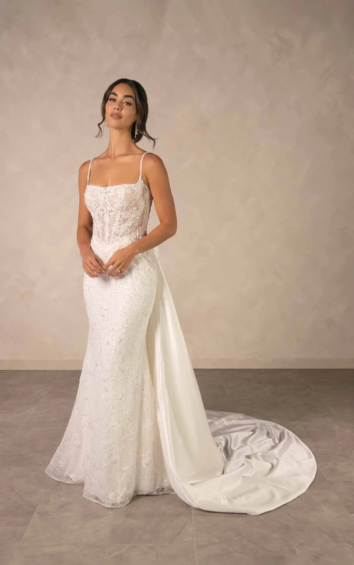 d4567 Sparkling Lace Sheath Wedding Dress with Square Neckline and Detachable Overskirt by Essense of Australia