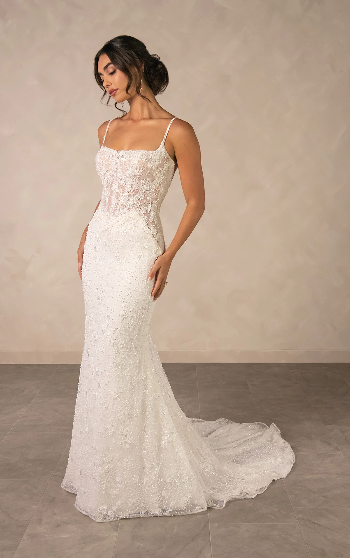 d4567 Sparkling Lace Sheath Wedding Dress with Square Neckline and Detachable Overskirt  by Essense of Australia