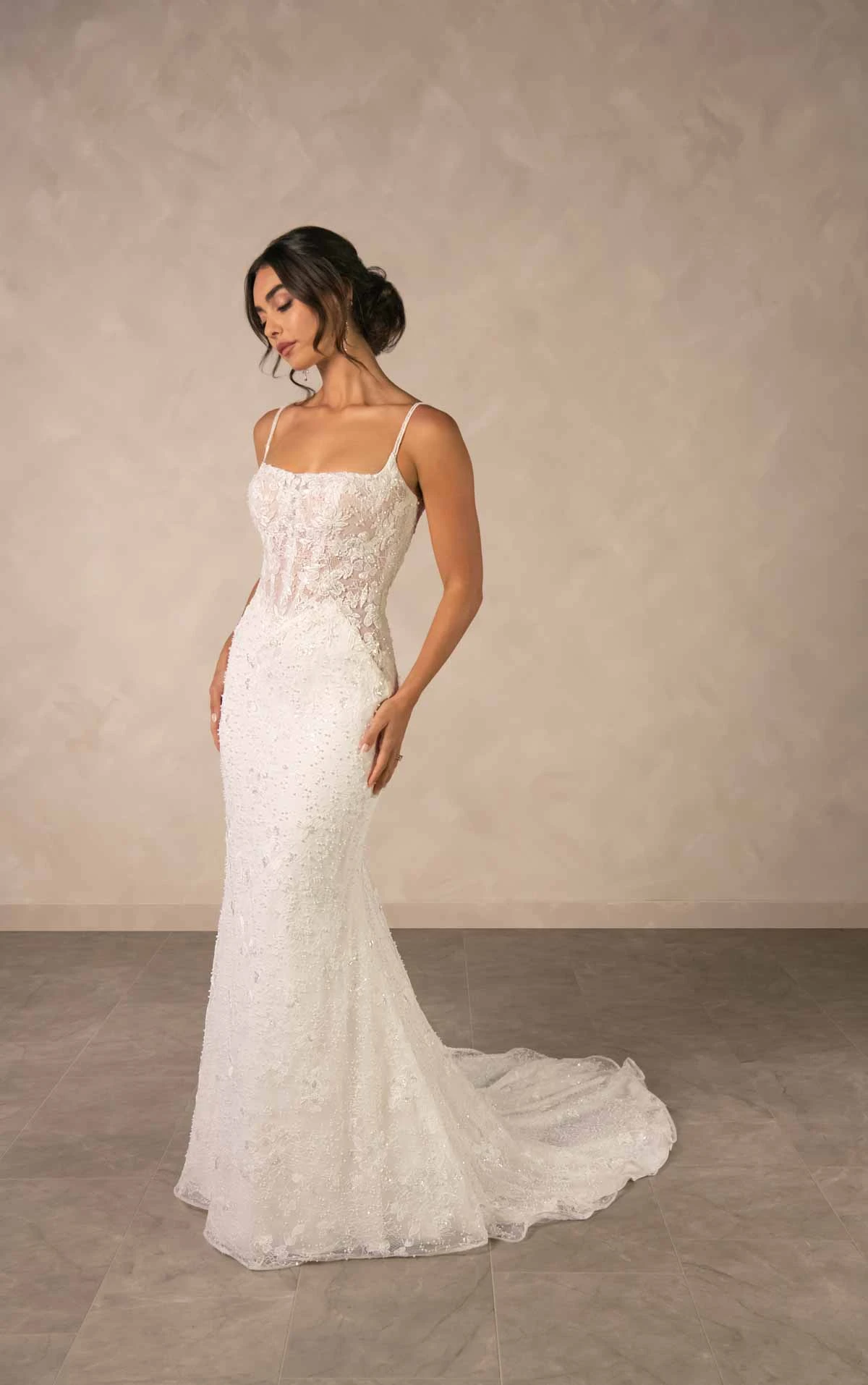 d4567 Sparkling Lace Sheath Wedding Dress with Square Neckline and Detachable Overskirt by Essense of Australia