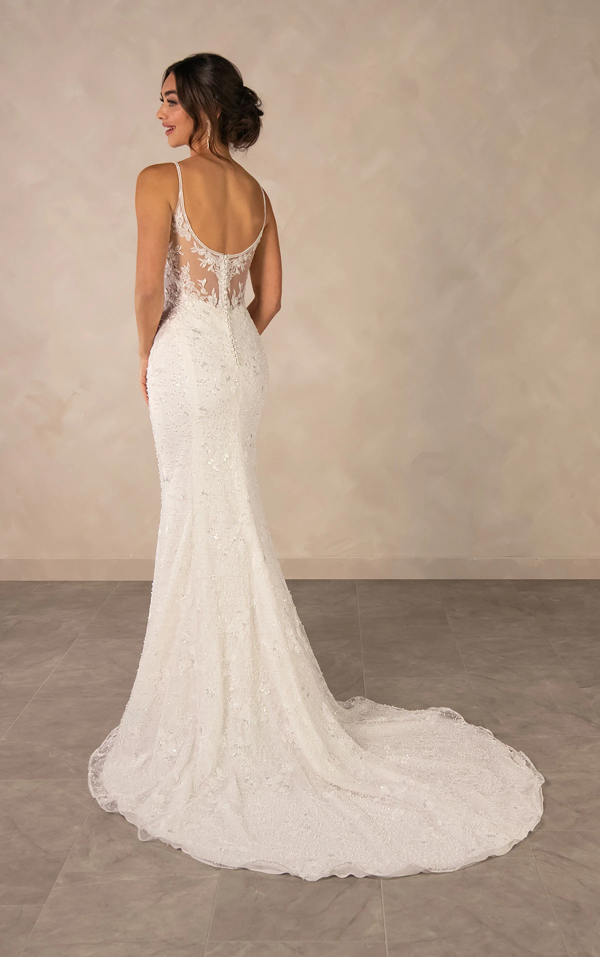 d4567 Sparkling Lace Sheath Wedding Dress with Square Neckline and Detachable Overskirt  by Essense of Australia