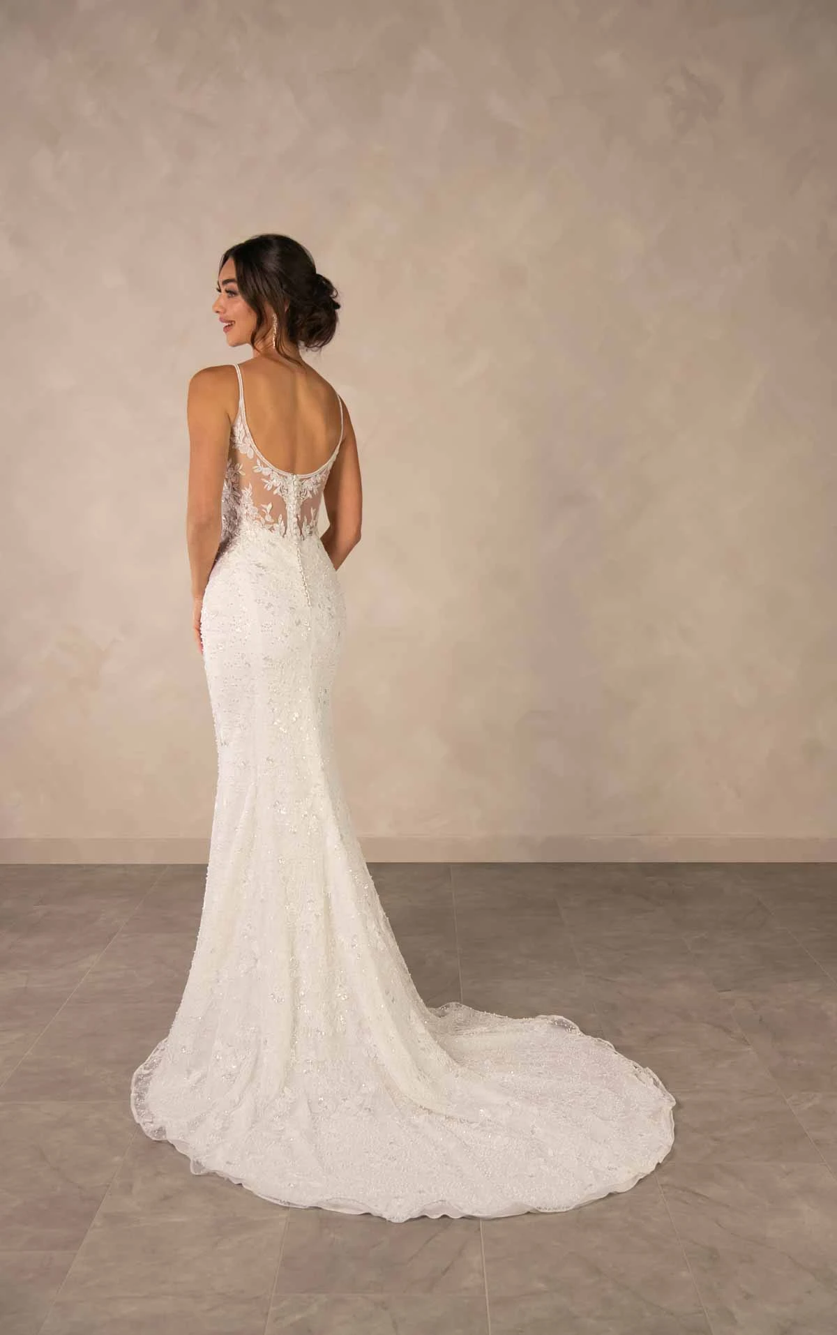 d4567 Sparkling Lace Sheath Wedding Dress with Square Neckline and Detachable Overskirt by Essense of Australia
