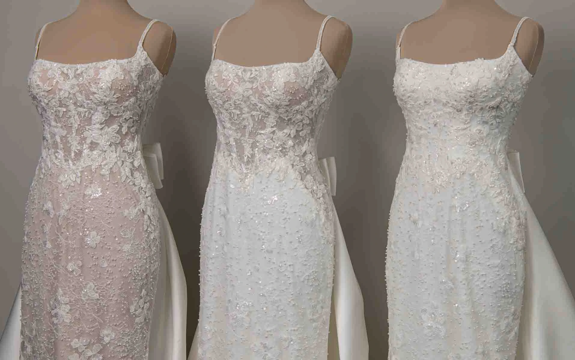 d4567 Sparkling Lace Sheath Wedding Dress with Square Neckline and Detachable Overskirt by Essense of Australia