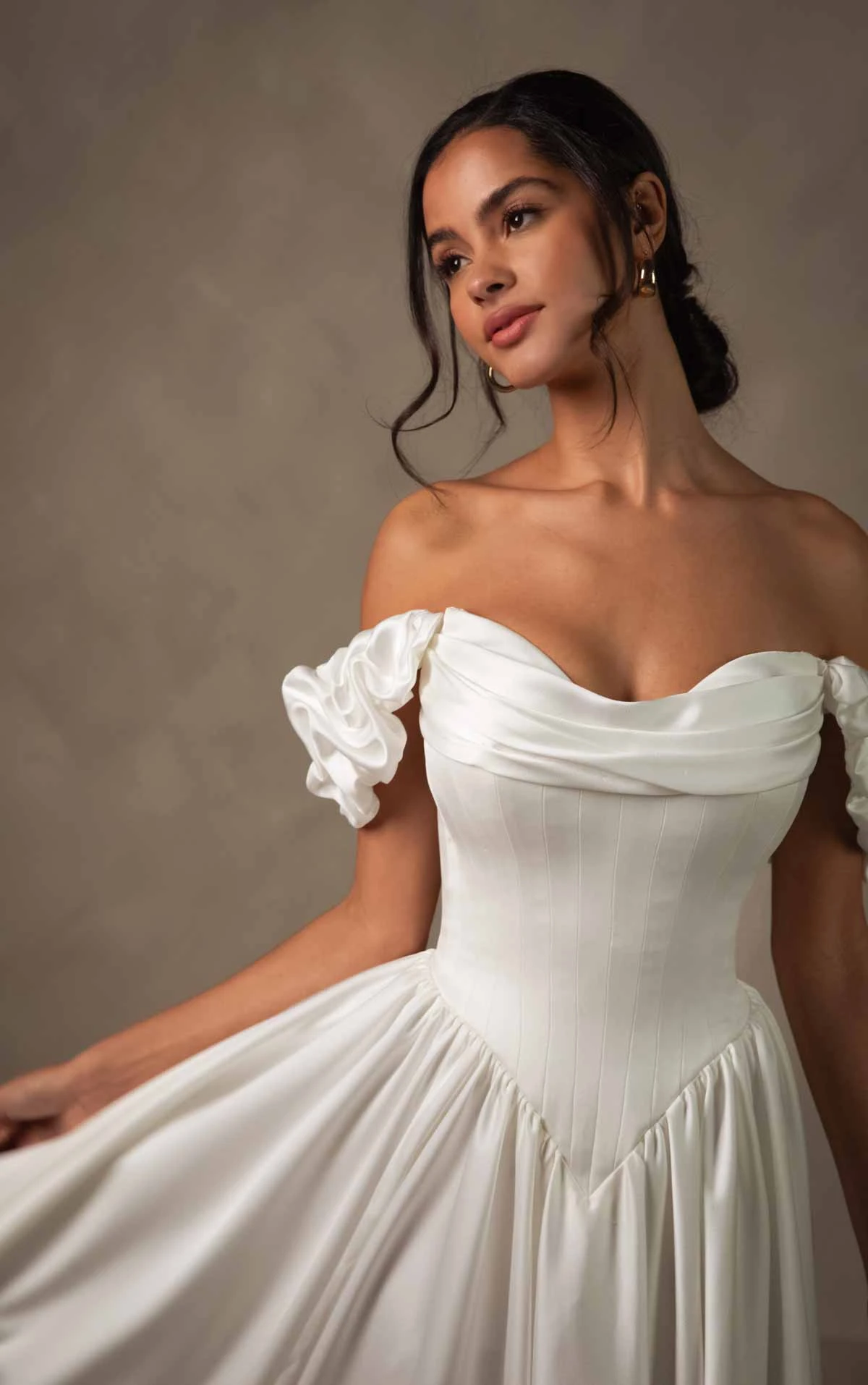 d4568 Timeless Off-the-Shoulder Satin A-line Wedding Dress with Detachable Ruched Sleeves by Essense of Australia